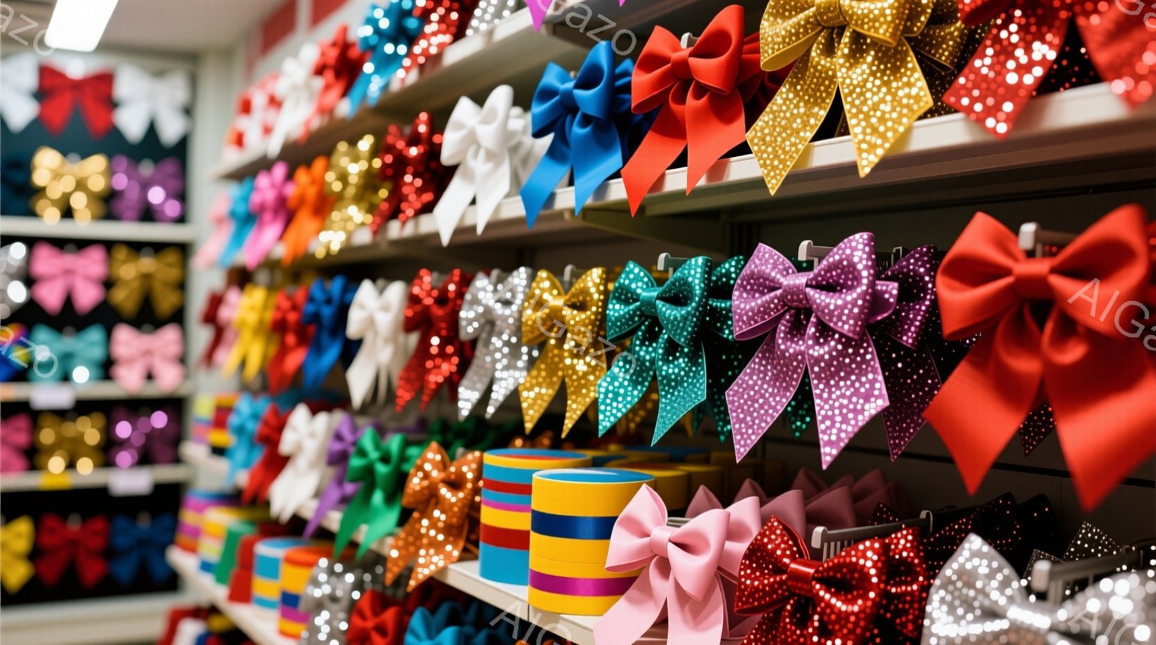カラフルなリボンが整然と棚に並べられています。赤、ピンク、紫、青、金など、様々な色と素材のリボンが、お店の陳列棚を彩っています。全体的に明るく華やかな雰囲気で、子供向けのアクセサリー売り場のようです。