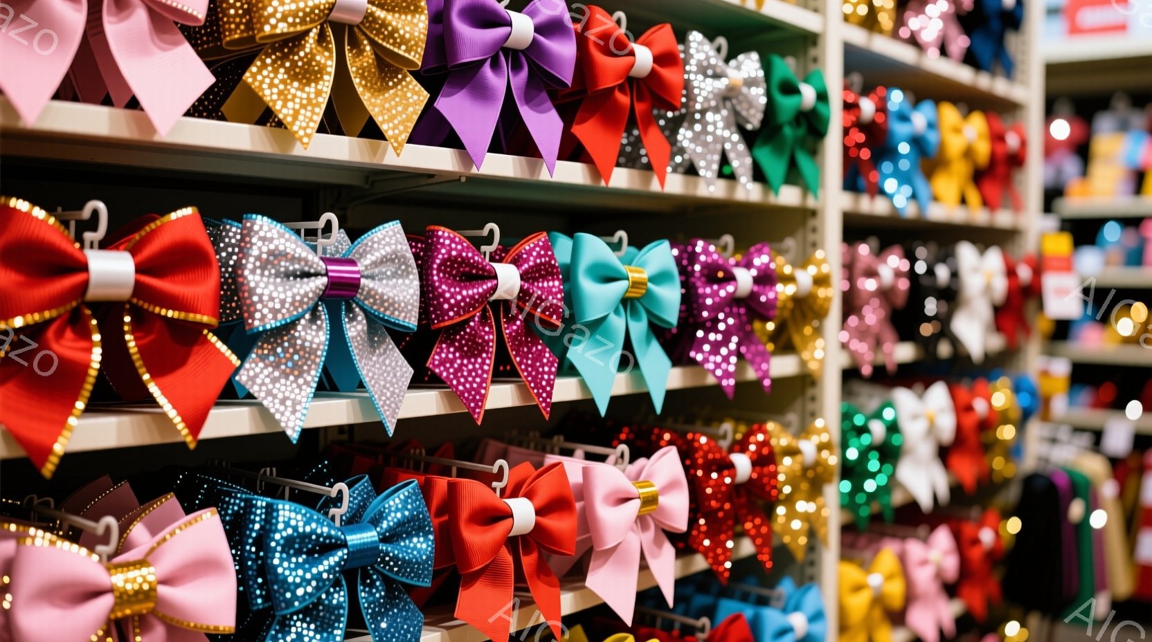 さまざまな色とデザインの大きなリボンが棚に整然と並べられています。リボンは赤、青、ピンク、紫、金など、明るく鮮やかな色合いで、キラキラとした装飾が施されているものもあります。背景は店舗内の一角で、全体 - AI生成フリー素材
