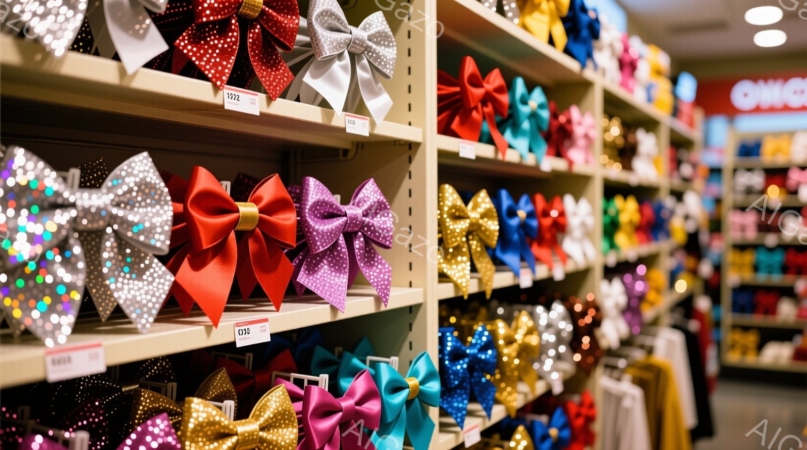 様々な色とデザインの大きなリボンが整然と並んだ棚を捉えています。リボンは、キラキラと光るもの、ベルベットのような質感のもの、単色で鮮やかなものなど、多種多様です。背景には、わずかに店舗の一部が見え、全 - AI生成フリー素材