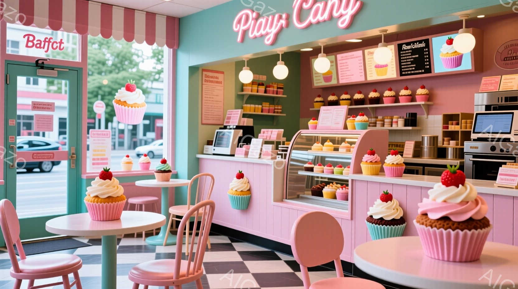 ピンクを基調とした可愛らしいカップケーキ店内部です。ショーケースには色とりどりのカップケーキが並び、テーブルには赤いイチゴが飾られたクリーム色のカップケーキが置かれています。店内の壁は薄いピンク色で、床は白黒のタイル張りで、全体的に甘くて温かい雰囲気が漂っています。