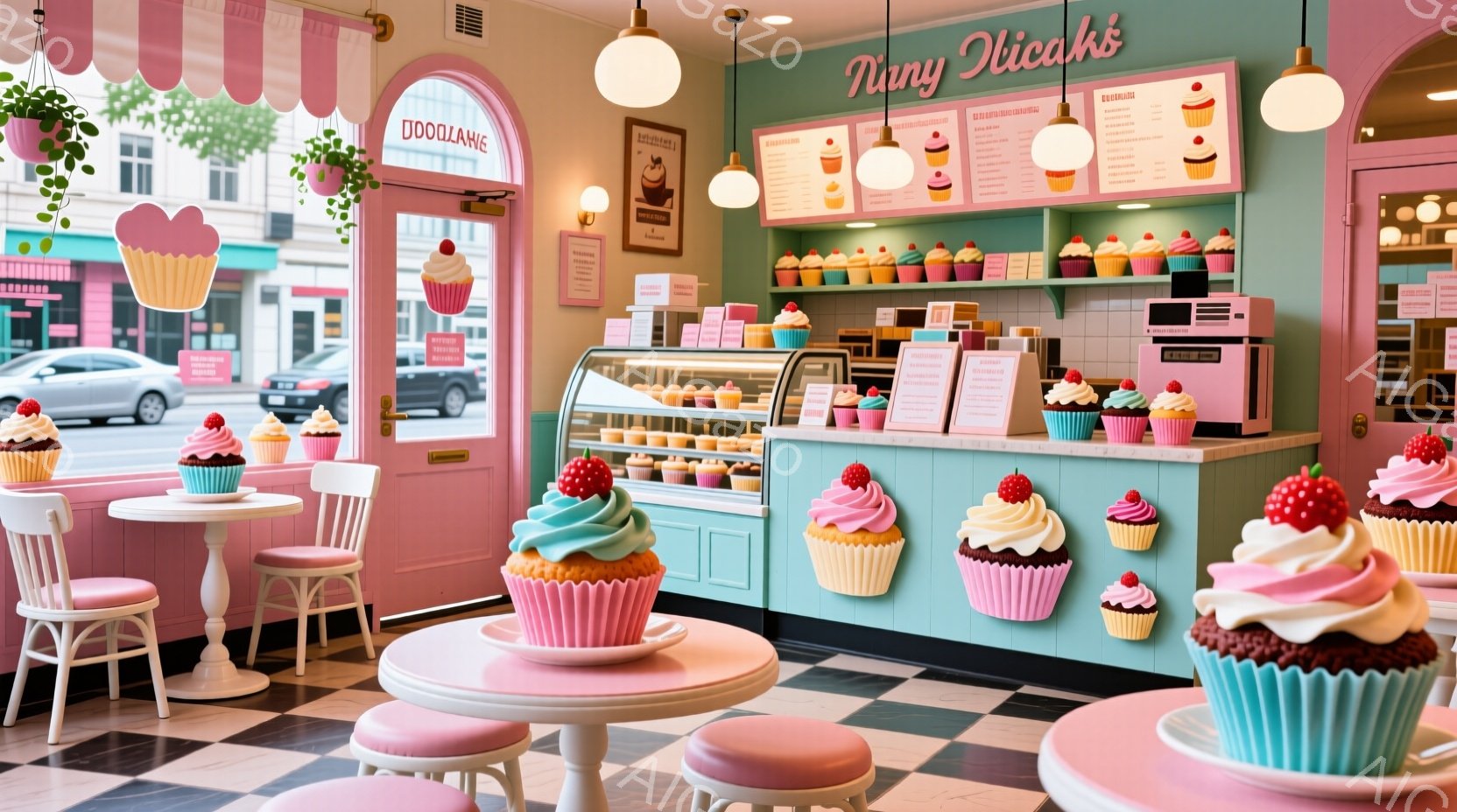 明るいピンクと水色の内装が印象的なカップケーキ店です。ショーケースや棚には、色とりどりのクリームとフルーツをトッピングした可愛らしいカップケーキが並び、まるで夢のような空間です。白黒のタイル張りの床と丸いテーブルが、お洒落で温かい雰囲気を醸し出しています。