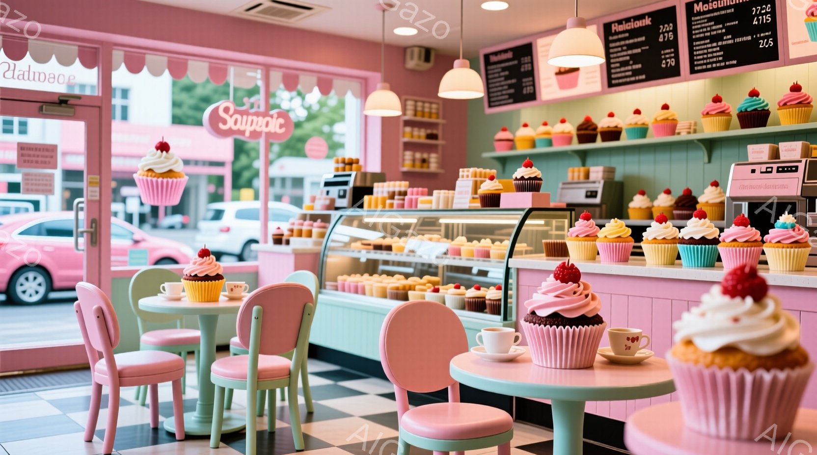明るいピンク色の内装のカップケーキ専門店で、ショーケースにはカラフルなカップケーキが並んでいます。丸いテーブルとピンクの椅子が置かれ、可愛らしいティーカップとカップケーキが飾られており、暖かく甘い雰囲 - AI生成フリー素材