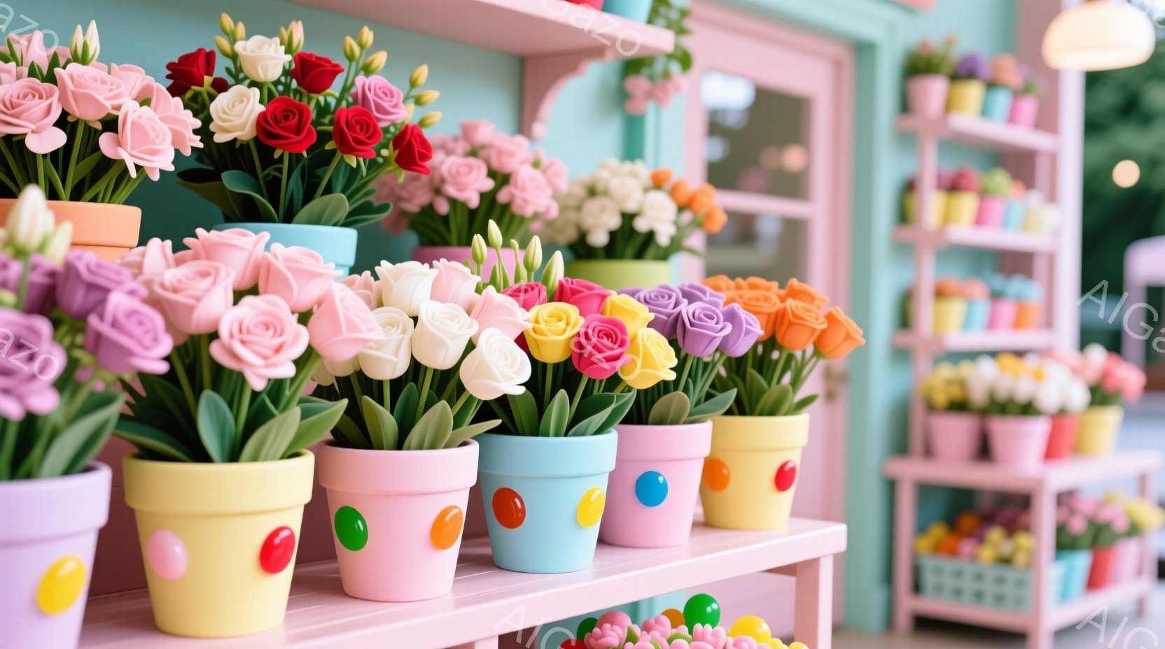 フラワーショップの店内で、花盆が色鮮やかなパンクリームカラーで並べられている。様々な花が盛り大きく展示され、販売を勧めるような雰囲気に。店の内装はピンクとブルーで遊び心が感じられる。