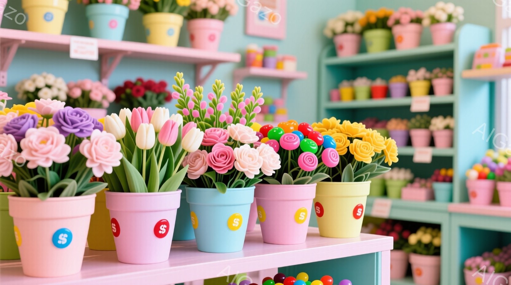 色とりどりの造花の鉢が棚に並べられています。ピンク、紫、黄色、オレンジなどの鮮やかな色彩が目に飛び込み、各鉢には可愛らしい丸いロゴが描かれています。背景には、さらに多くの鉢が並んだ棚が続き、明るく陽気な花の専門店のような雰囲気です。