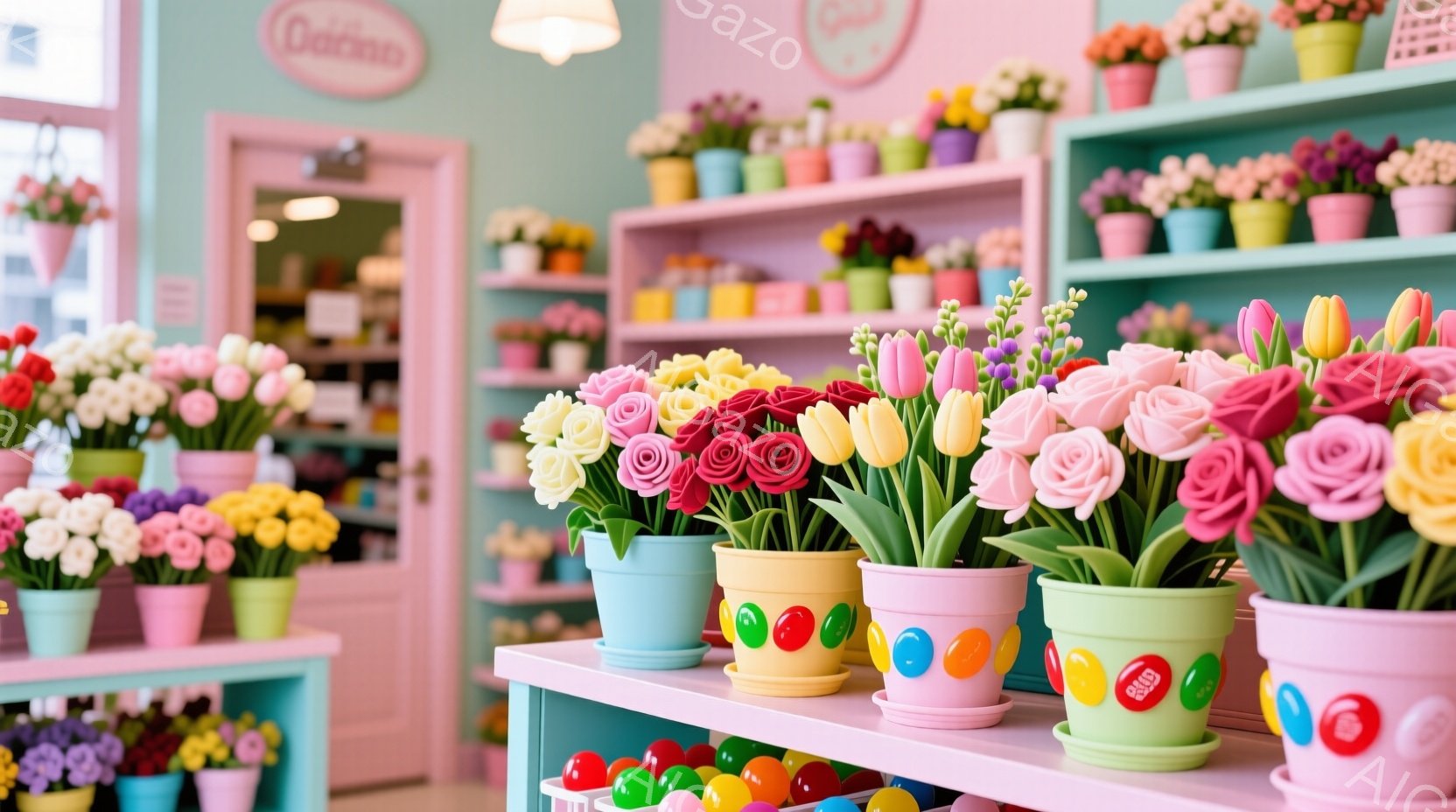 カラフルなチューリップの花が、可愛らしい鉢に植えられて棚に並べられています。背景には、さらに多くの鉢植えの花が飾られた棚が続き、お店の内部であることがわかります。全体的に明るく、お菓子のような色使いで、甘くて楽しい雰囲気が漂っています。