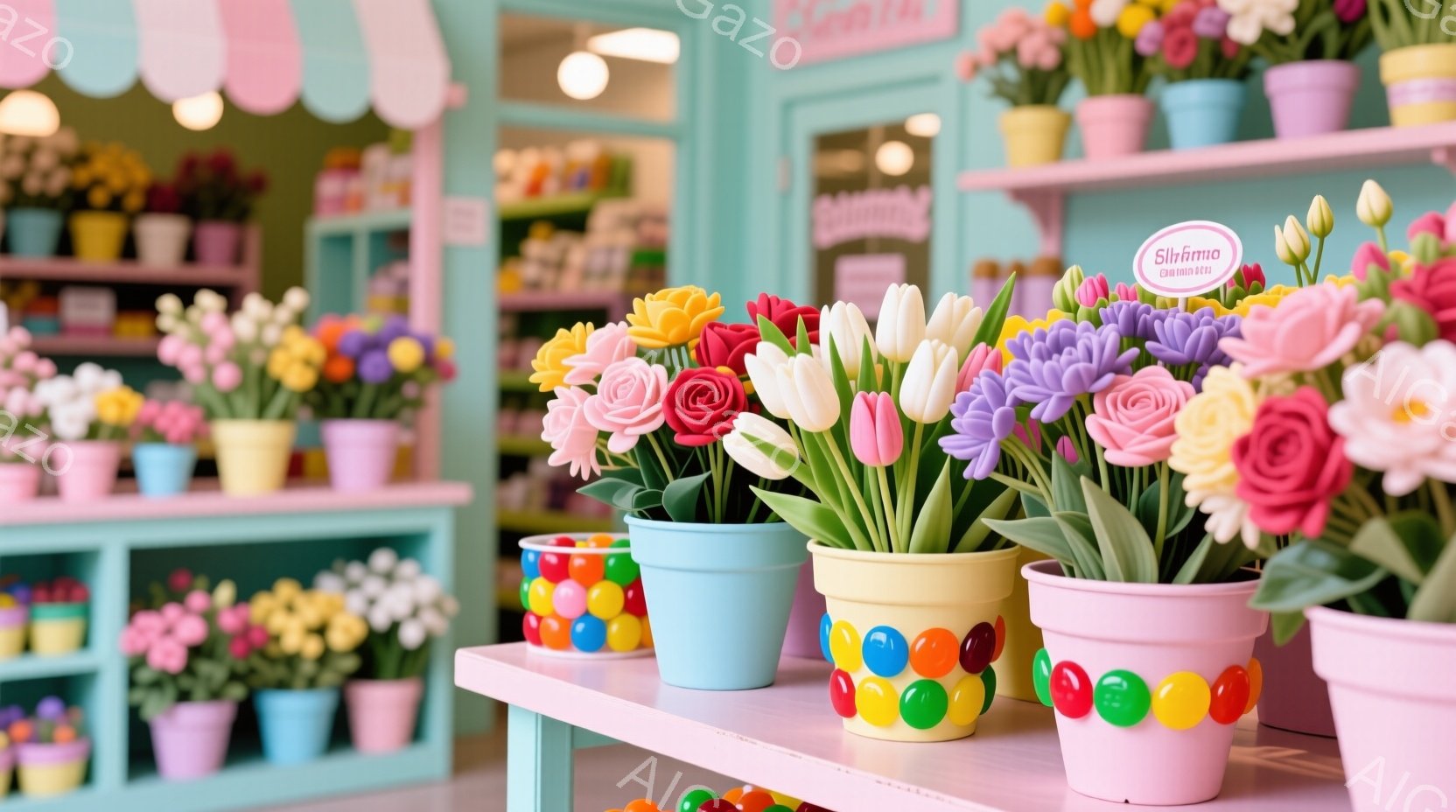 明るいピンクと水色の棚に、色とりどりの造花が飾られた花瓶が並んでいる。花瓶は、パステルカラーや鮮やかな色合いで、一部にはカラフルなビー玉が装飾されている。背景には、さらに多くの花瓶が置かれた棚が見え、全体的に可愛らしく、華やかな雰囲気のフラワーショップの様子が伺える。
