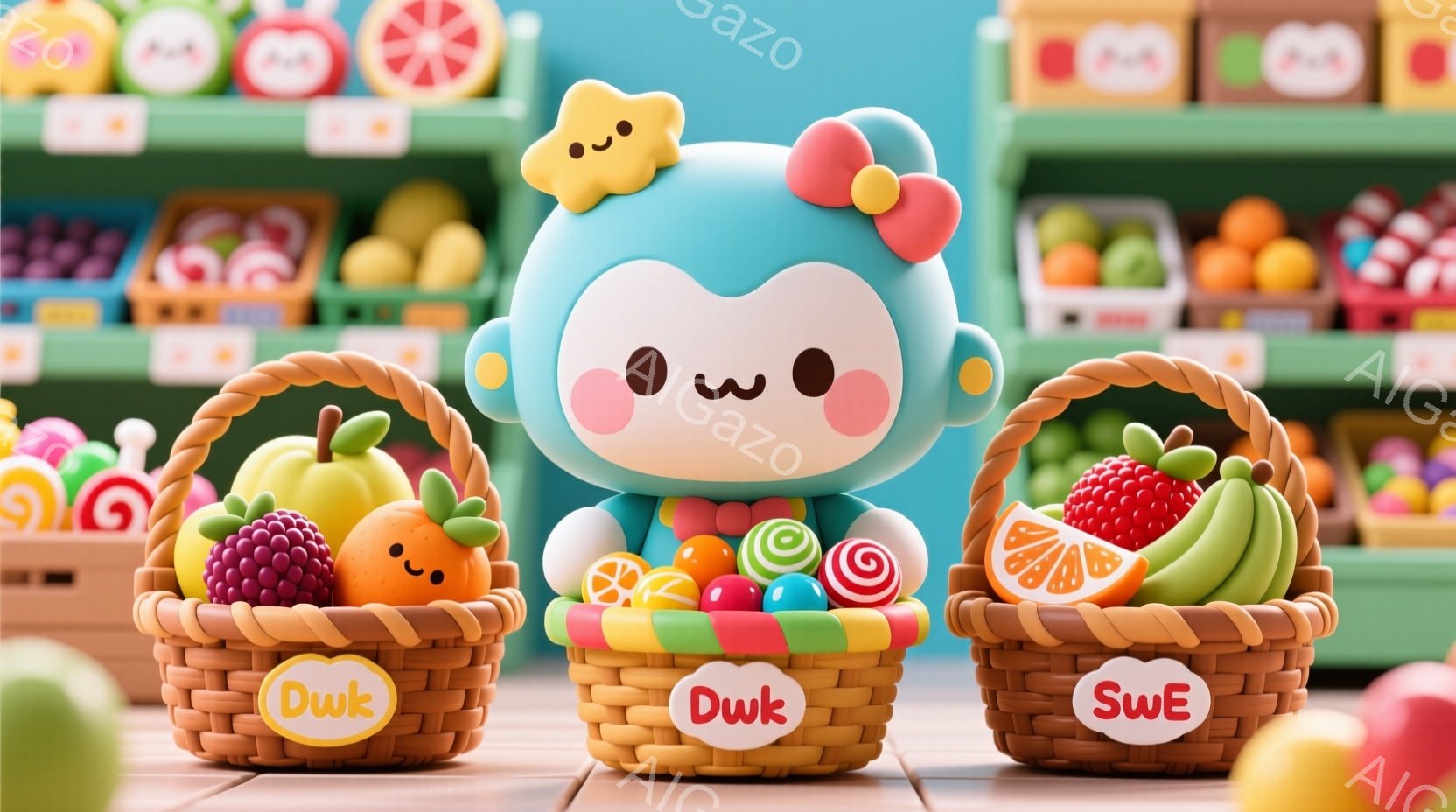 鮮やかな背景に、可愛らしいキャラクターが描かれています。ピンク色の髪に花飾りをつけ、丸い顔に大きな目を持ち、穏やかな表情をしています。周りには、イチゴ、ブドウ、オレンジなど、様々なフルーツがバスケットに盛り付けられ、カラフルで楽しい雰囲気を醸し出しています。