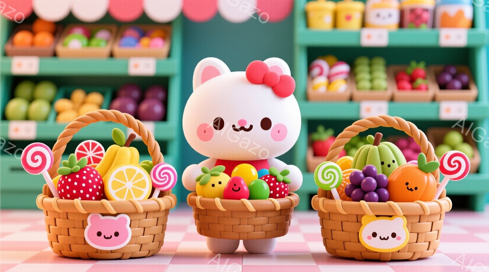 かわいいピンク色のウサギのキャラクターが、3つのバスケットの間に立っています。それぞれのバスケットには、キャンディーや果物などのカラフルな食べ物がたくさん入っており、ウサギのキャラクターは幸せそうにバスケットを見つめています。背景には、様々な果物が並んだ棚があり、全体的に明るく、ポップで楽しい雰囲気が漂っています。