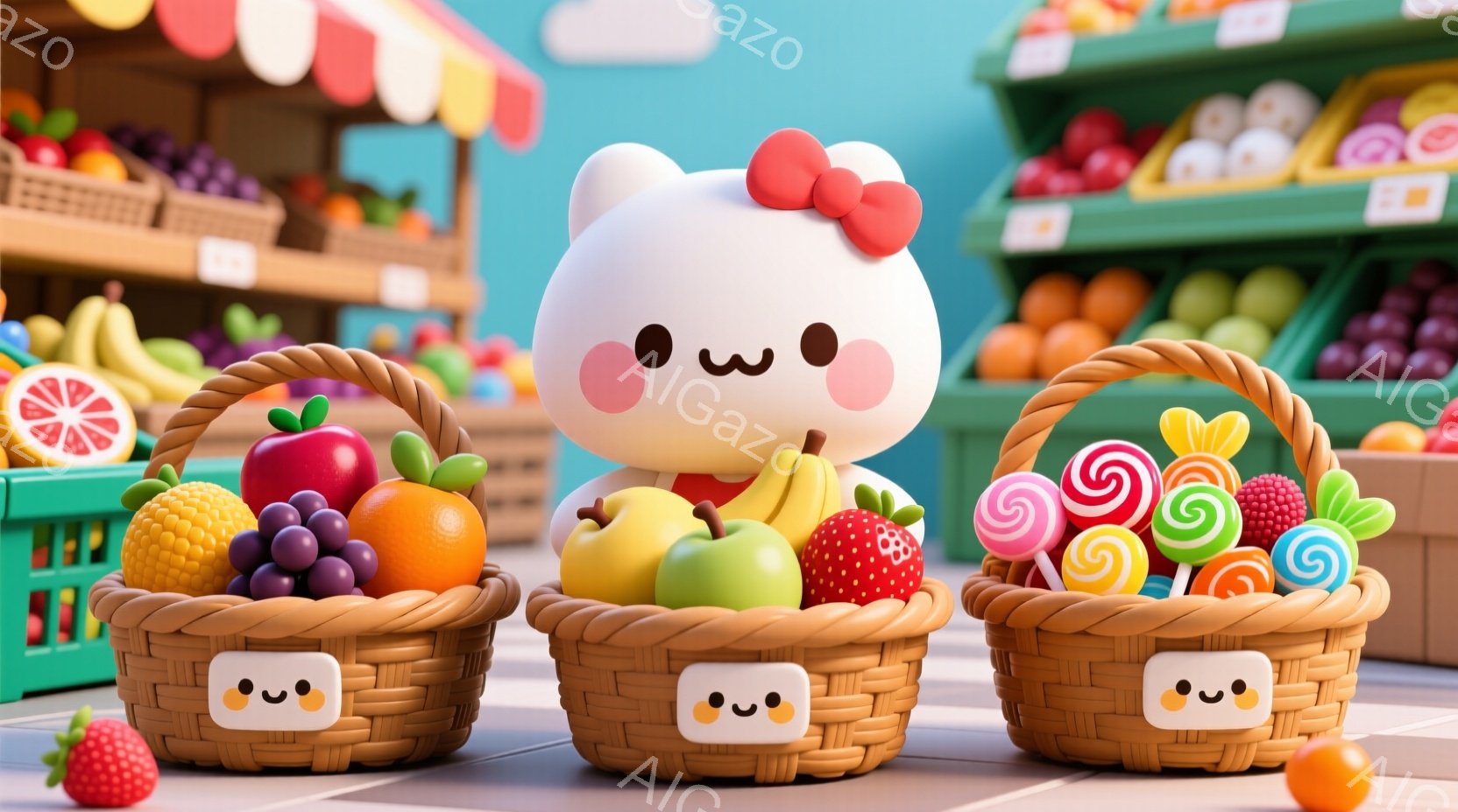 可愛らしいキャラクターが、果物がたくさん並んだ店の前に立っています。ピンク色の髪に赤いリボンをつけ、丸い顔には微笑みが浮かんでいます。背景には、様々な色の果物が積み上げられた棚があり、明るく楽しい雰囲 - AI生成フリー素材