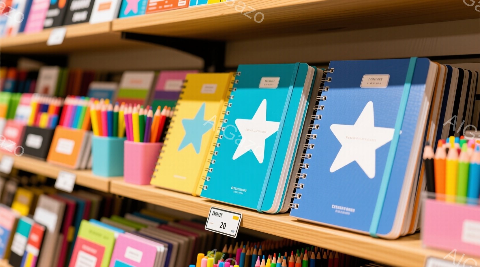 本屋の棚には、さまざまな色のノートや文房具が整然と並んでいます。黄色のノート、青色のノート、そして虹色のペンが目に付き、学習や創造性を刺激する活気のある雰囲気を醸し出しています。価格表も写っており、日常的な文具の購入を促しているようです。