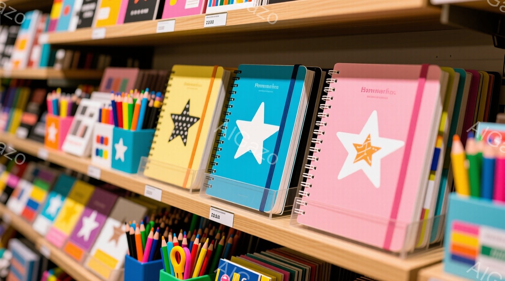 本棚には、さまざまな色のノートや筆記用具が整然と並べられています。ノートには星や水玉模様などのデザインがあり、明るく楽しい雰囲気を醸し出しています。背景はぼやけており、文房具店の一角であると考えられます。