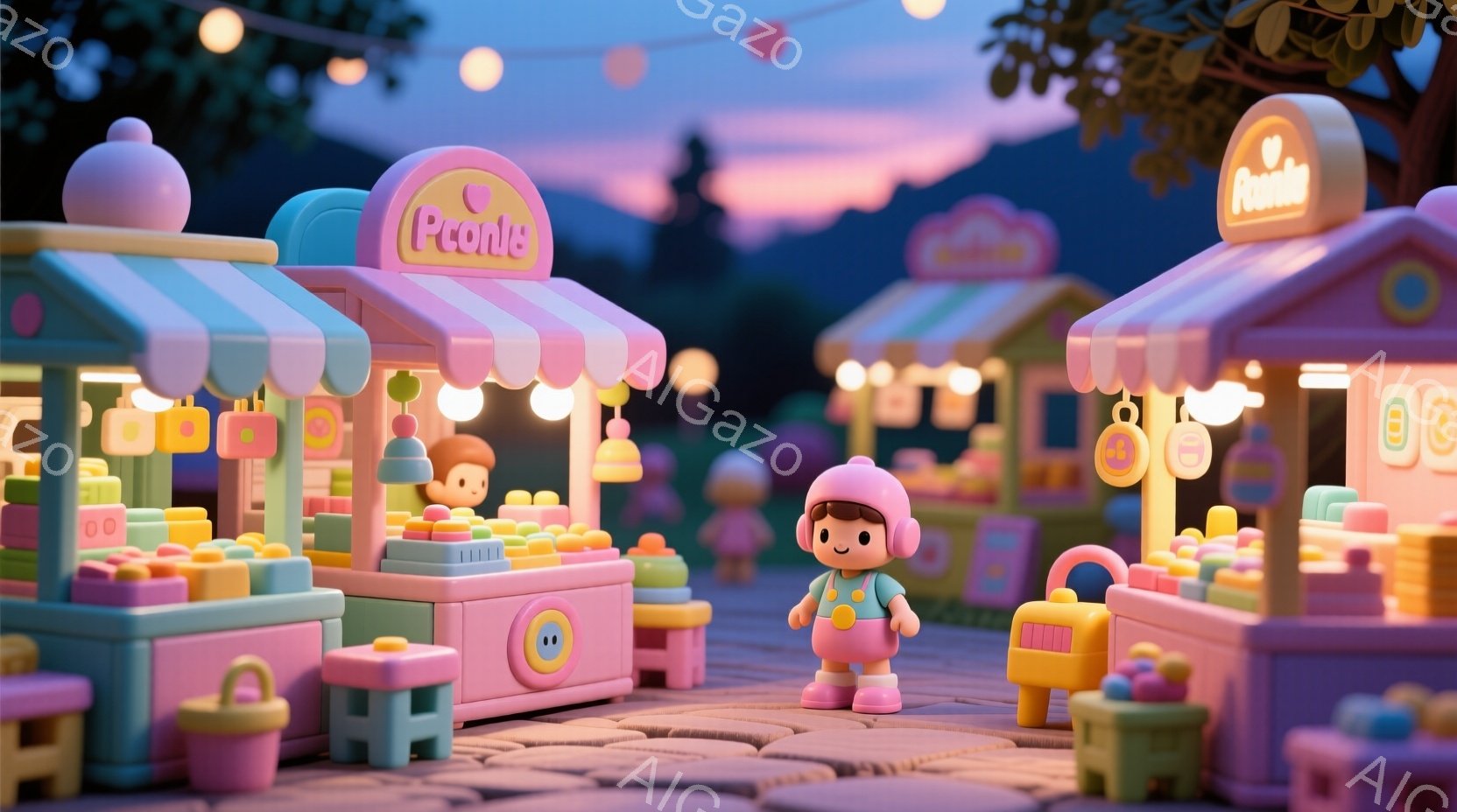 明るい色合いのブロックで作られた市場の様子で、ピンク色のオーバーオールを着た小さな人物が中央に立っています。その人物は、ピンク色の帽子をかぶり、丸い顔には笑顔が描かれており、元気な印象を与えます。背景 - AI生成フリー素材