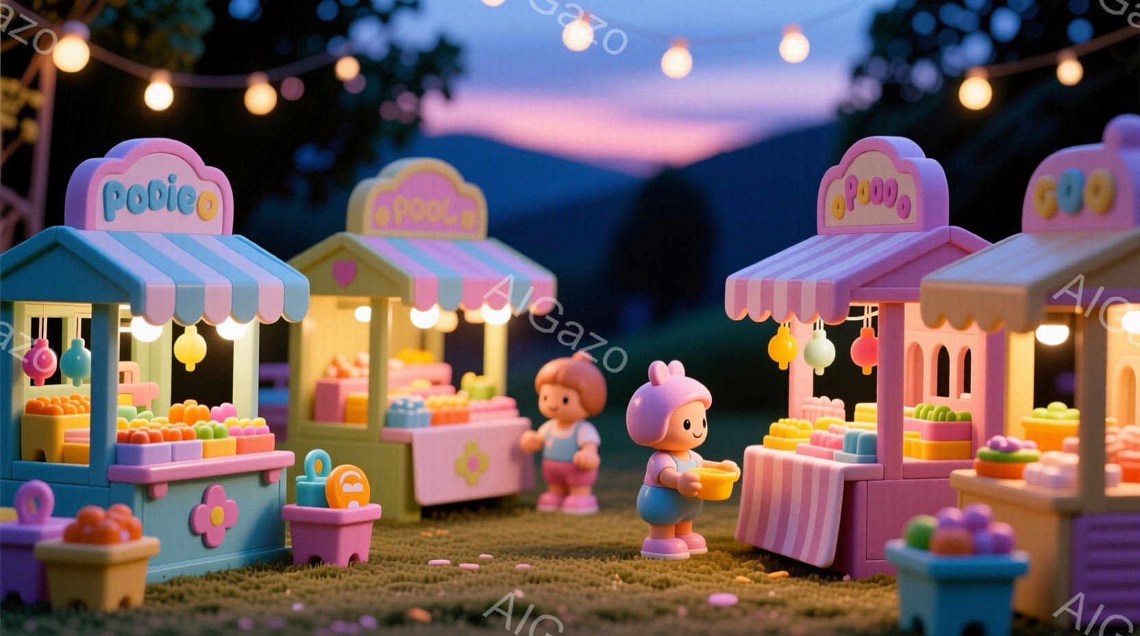 カラフルな屋台が並び、緑の芝生の上に小さな人形が立っている。人形はピンク色の髪と白い服を着ており、片手にオレンジ色のバケツを持っている。背景には、ぼやけた建物と夜空が広がり、暖かい雰囲気のイラストレー - AI生成フリー素材