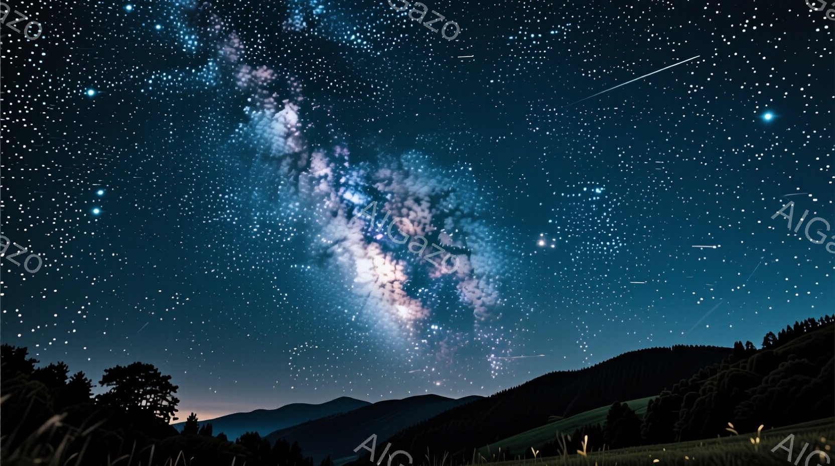 漆黒の空に、天の川が鮮やかな帯のように広がっている。地平線には緑の丘陵と、シルエットになった木々が連なり、静寂な夜の風景を描いている。星空は無数の星で満たされ、その中に流れ星がいくつか輝き、幻想的な雰 - AI生成フリー素材