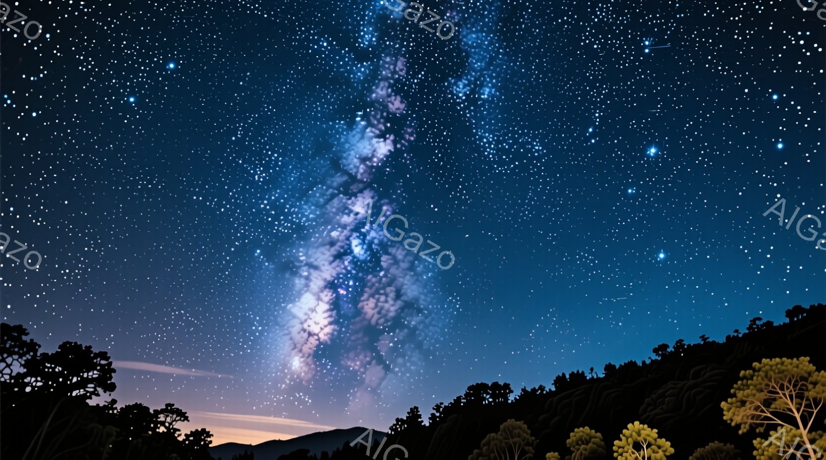 漆黒の夜空に天の川が壮大に広がり、無数の星々が輝いている。地平線には暗いシルエットの山並みが連なり、その手前には葉の茂った木々がシルエットとなって配置されている。空と大地のコントラストが美しく、静寂で - AI生成フリー素材