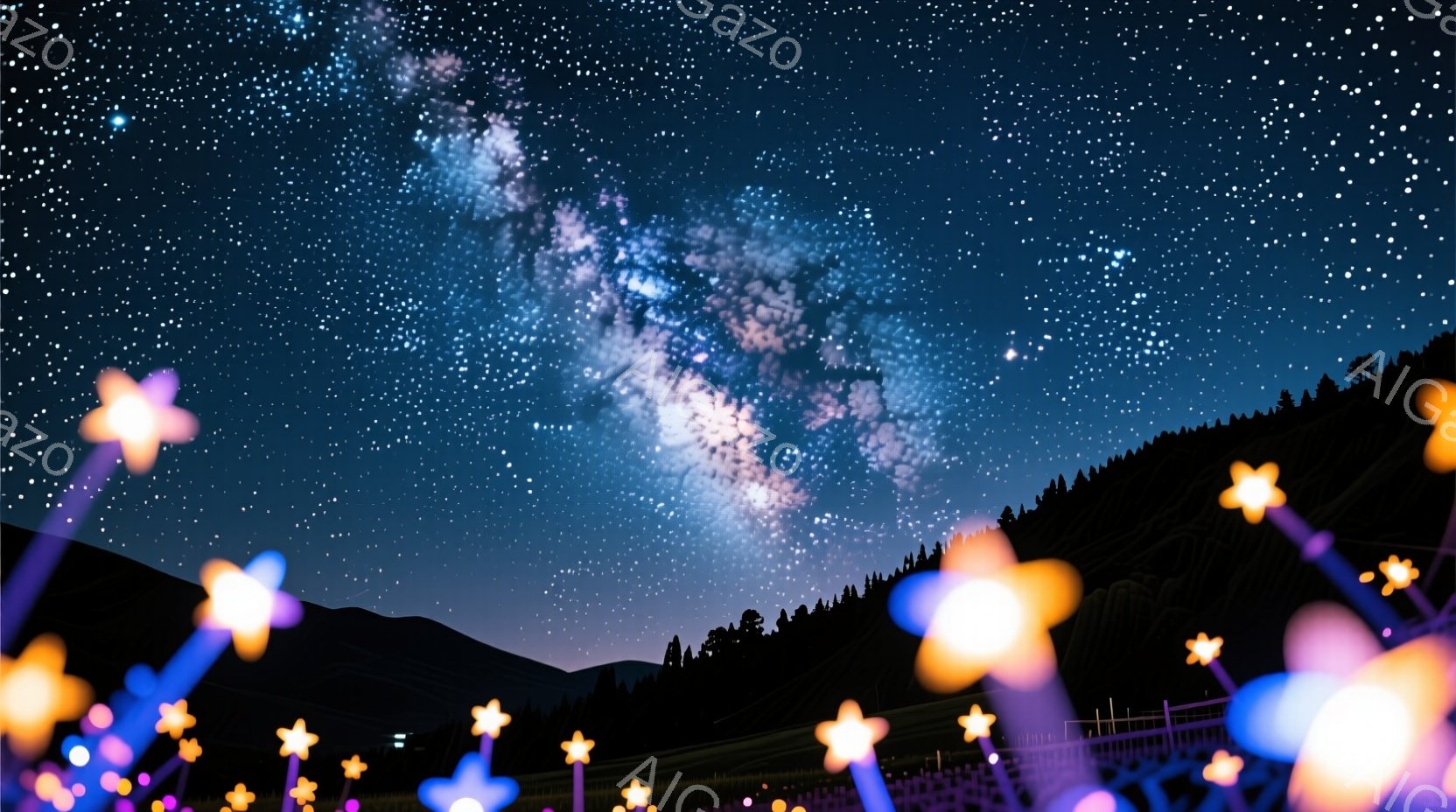 夜空には天の川が広がり、星々が輝いている。手前に咲く花々は、青やオレンジ色に光り、幻想的な雰囲気を醸し出している。背後には、暗いシルエットの山並みが広がり、静寂さと神秘的な美しさを感じさせる。 - AI生成フリー素材