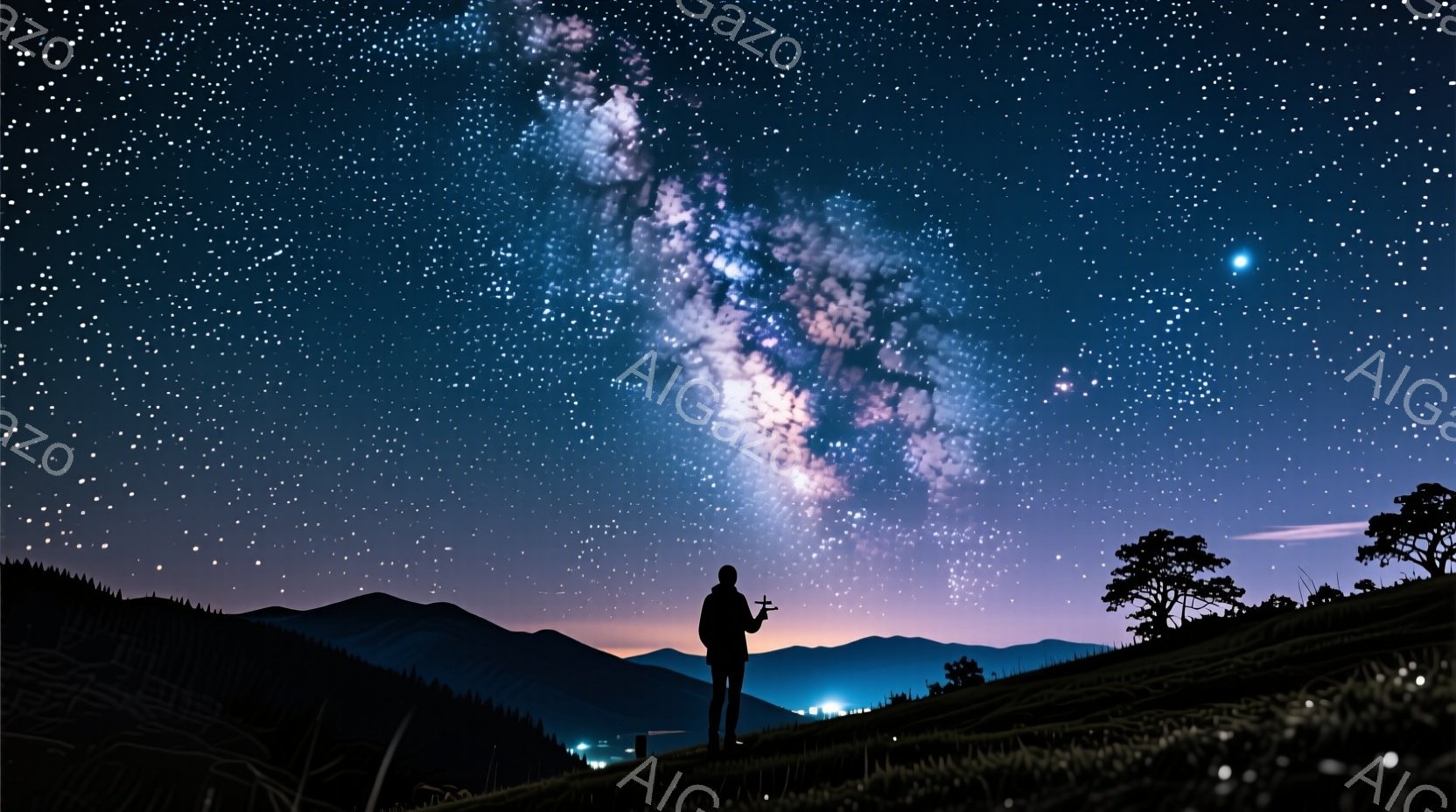 夜空には天の川が壮麗に広がり、地平線には山並みがシルエットとなって浮かび上がっています。人物は背の高い草の上に立ち、何か小さなデバイスを手に持ち、夜空を見上げているようです。 全体的に静かで神秘的な雰囲気が漂い、自然の美しさと人間の小ささを感じさせます。