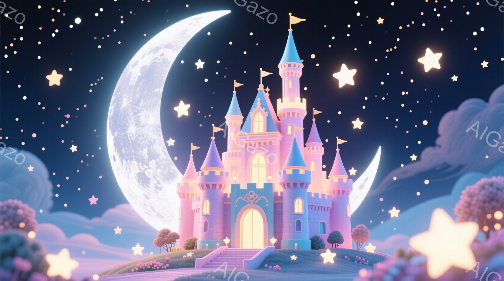 鮮やかなピンク色の城が、丘の上に堂々と建っています。満月が背景に輝き、星や雲が空を彩り、ファンタジーのような雰囲気を作り出しています。城の周りには可愛らしい木々や花が咲き乱れ、夢のような世界観を強調しています。
