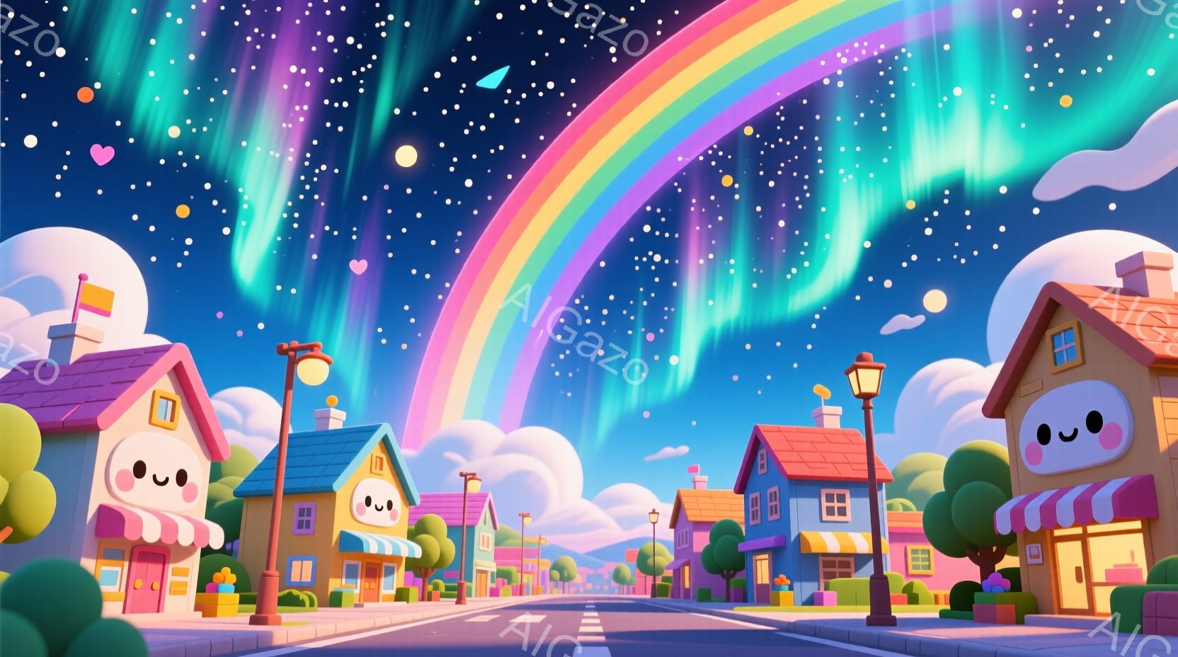 カラフルな街並みが広がり、建物には愛らしい顔が描かれています。虹とオーロラのような光が夜空を彩り、可愛らしい街並みと対照的な幻想的な雰囲気を作り出しています。道路には歩道があり、街路灯や花壇が配置され - AI生成フリー素材