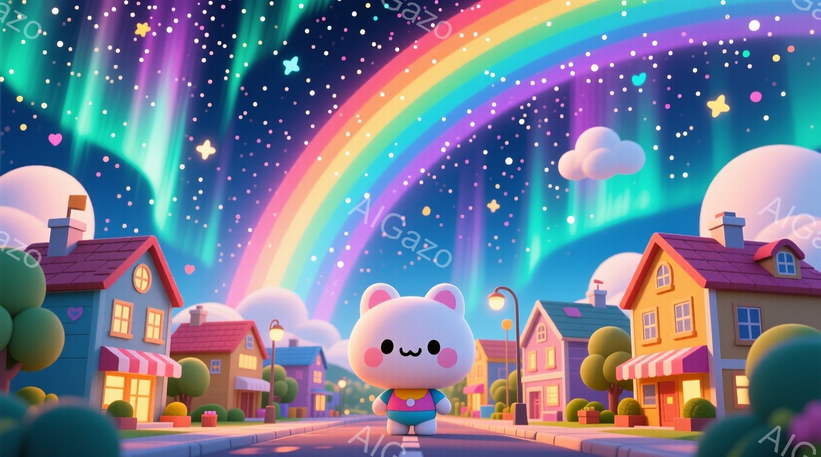 鮮やかな色彩の街並みを、かわいらしいクマのキャラクターが立っている。クマはピンク色のオーバーオールと白いシャツを着ており、つぶらな瞳が印象的だ。背景には虹がかかり、星が輝く夜空とパステルカラーの家々が - AI生成フリー素材