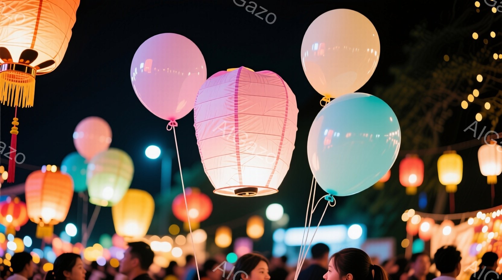 色とりどりの空色の丸い風船と、提灯が夜空に浮かび、まるで祭りのような華やかな雰囲気を醸し出しています。観客の女性は黒髪で、肩までかかるロングヘアスタイルで、楽しそうな表情を見せています。背景にはぼやけ - AI生成フリー素材
