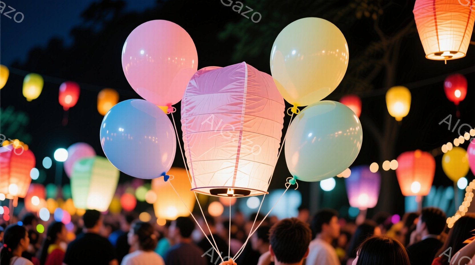 夜空には色とりどりの提灯が浮かび、その下にはたくさんの人が集まっている様子が捉えられています。提灯は白、オレンジ、ピンクなどの暖色系で、幻想的な雰囲気を醸し出しています。人々は後ろ姿しか見えませんが、 - AI生成フリー素材