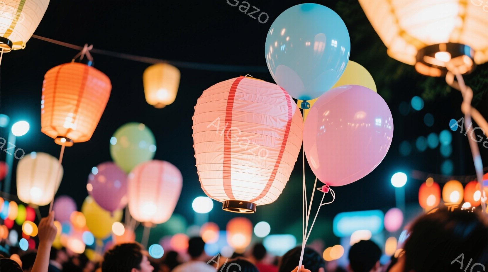 夜空に色とりどりの提灯と風船が浮かび、祭りの賑わいを感じさせる光景です。人々は提灯と風船を手にしており、背景にはぼやけた人影と光が広がり、活気にあふれた雰囲気が伝わってきます。全体的に暖色系の光が優し - AI生成フリー素材