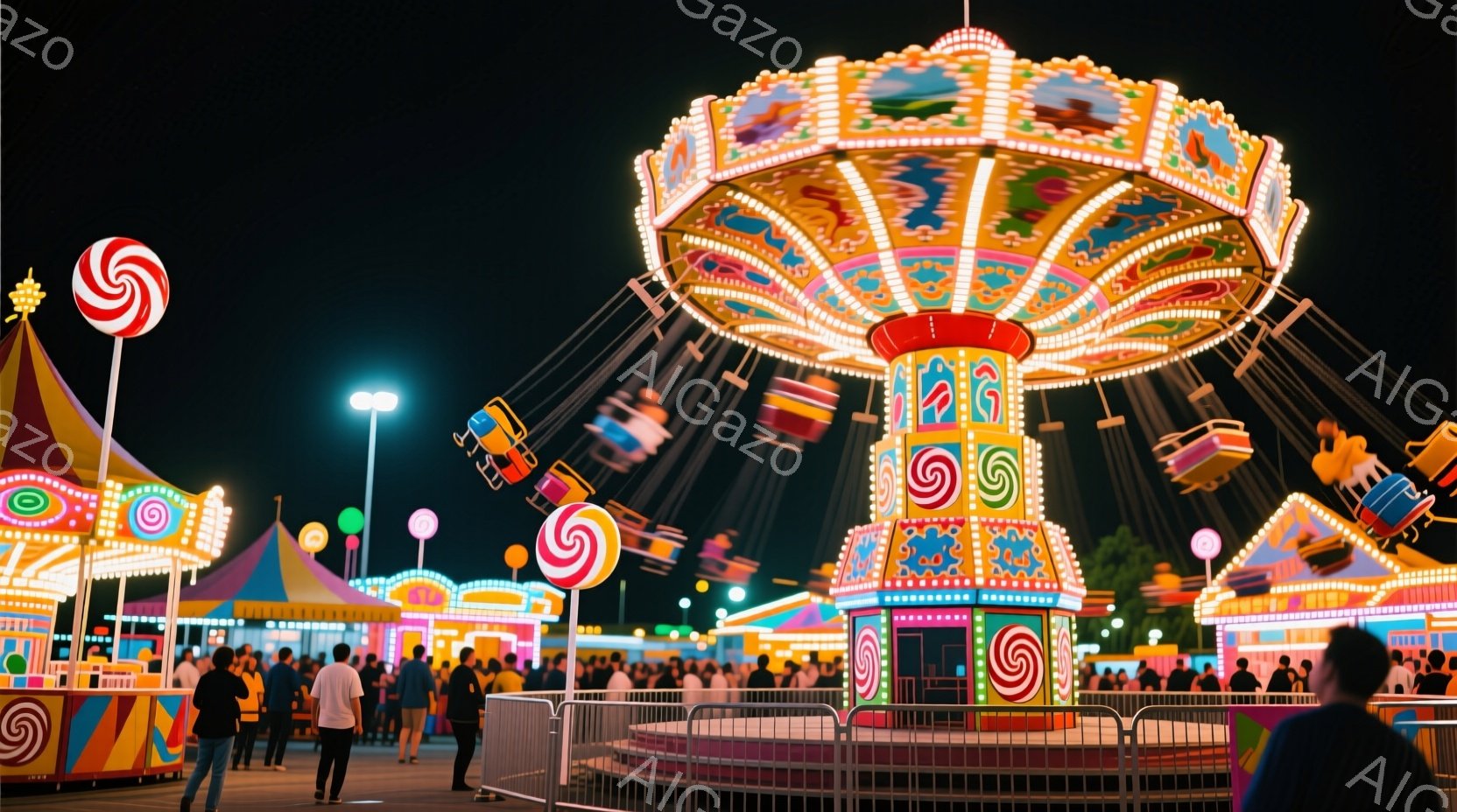 夜の遊園地で、カラフルな観覧車が回転している様子が写っている。観覧車にはたくさんの人々が乗り、楽しんでいるように見える。背景には、他のアトラクションや多くの観客が見え、賑やかな雰囲気が伝わってくる。 - AI生成フリー素材