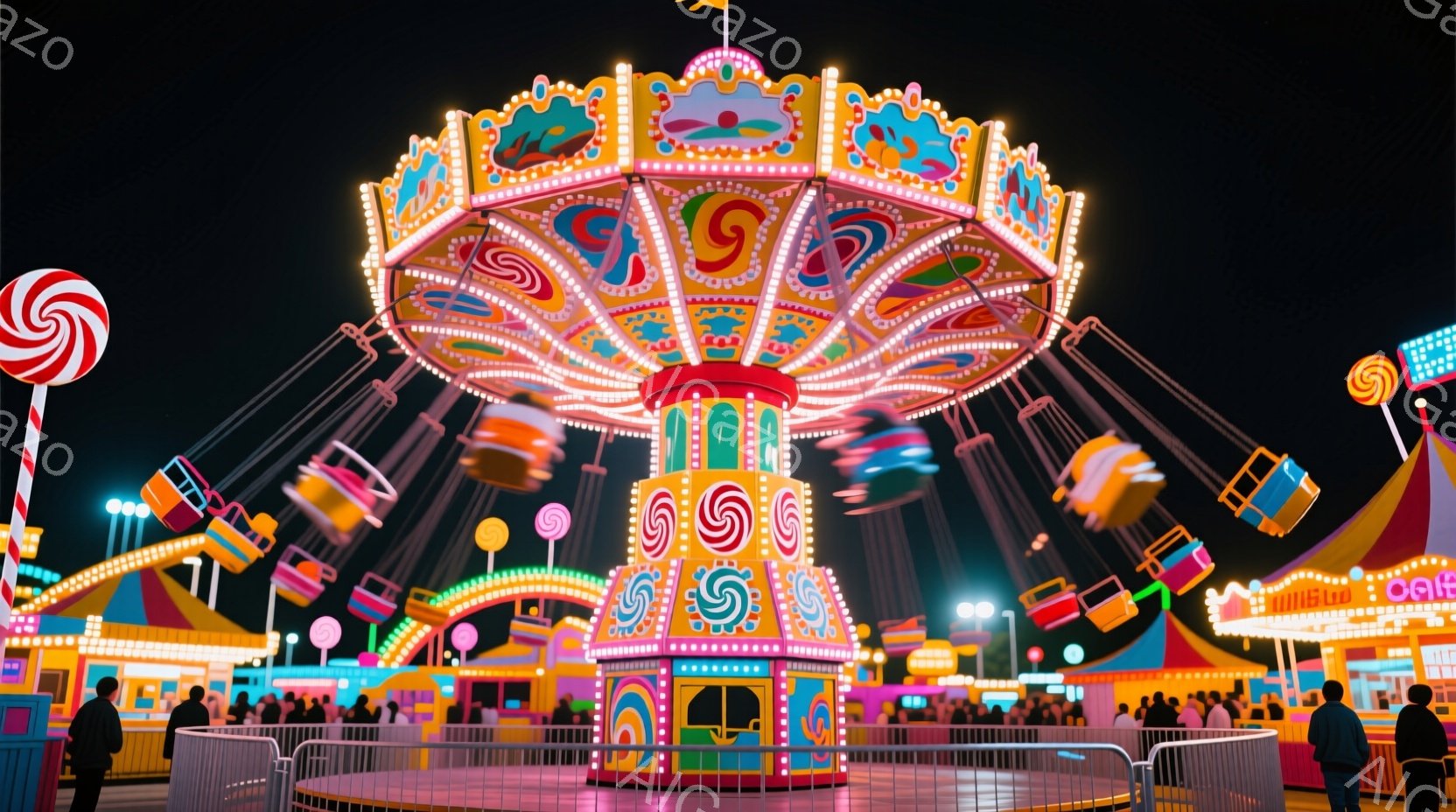 夜の遊園地で、カラフルなメリーゴーランドが回転している様子が描かれています。観覧車や屋台が並び、多くの人々が楽しんでいるのが見えます。照明が煌びやかで、華やかで活気のある雰囲気が漂っています。 - AI生成フリー素材