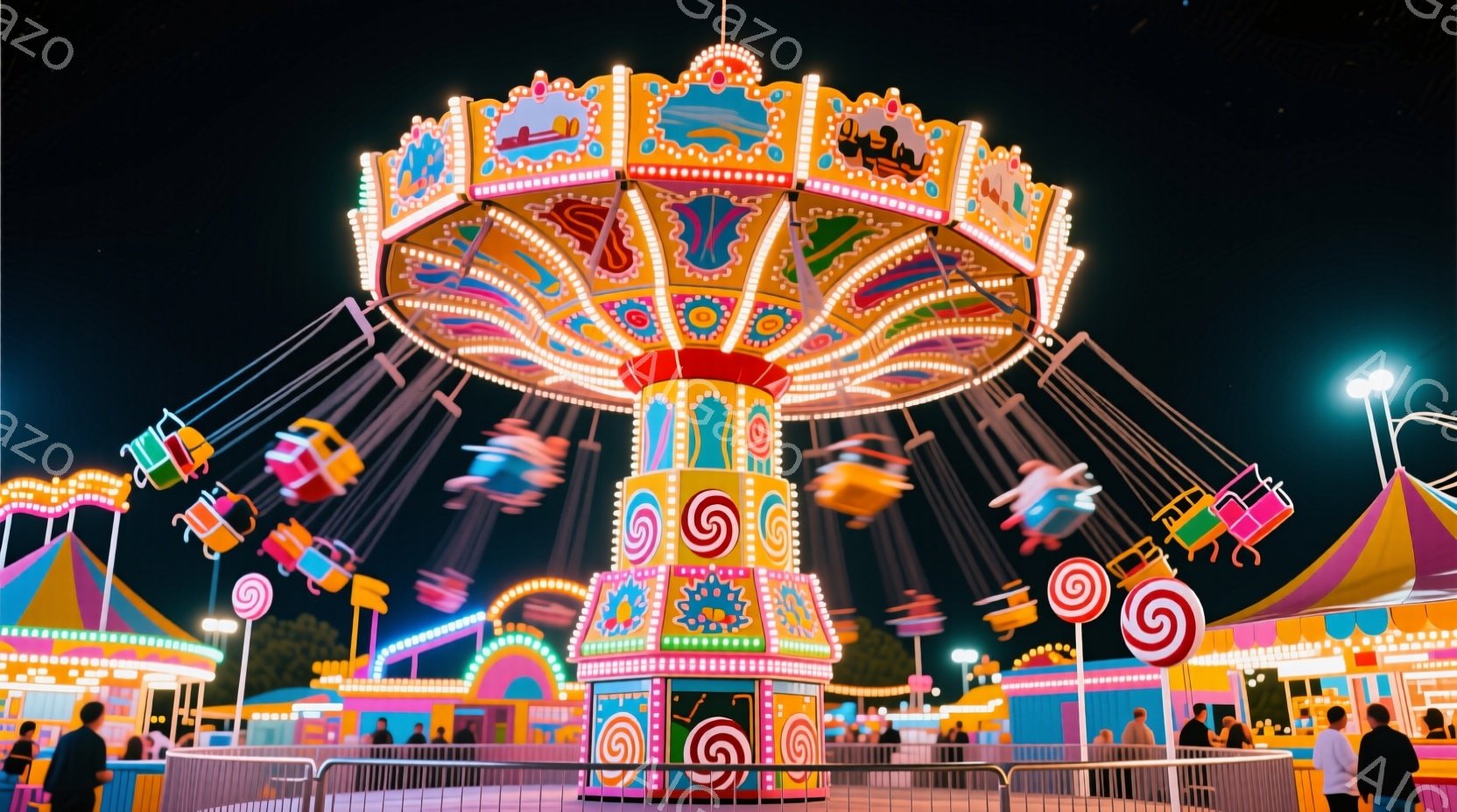 夜空を背景に、カラフルな遊園地の乗り物、特に回転木馬が動きながら捉えられています。乗り物のゴンドラは鮮やかな色で飾られ、まるで星のように光っています。観客はぼやけていますが、楽しんでいる様子が伝わって - AI生成フリー素材