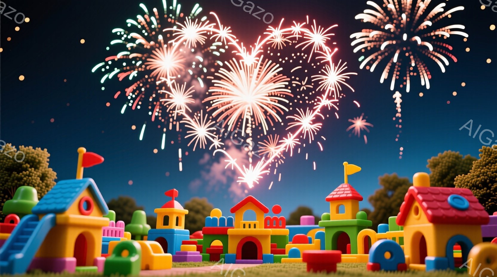 色とりどりのブロックで作られたおもちゃの街並みが、緑の芝生の上に並んでいます。夜空にはカラフルな花火が咲き乱れ、まるで子供の夢のような光景です。全体的に明るく、楽しげで、遊び心あふれる雰囲気です。 - AI生成フリー素材