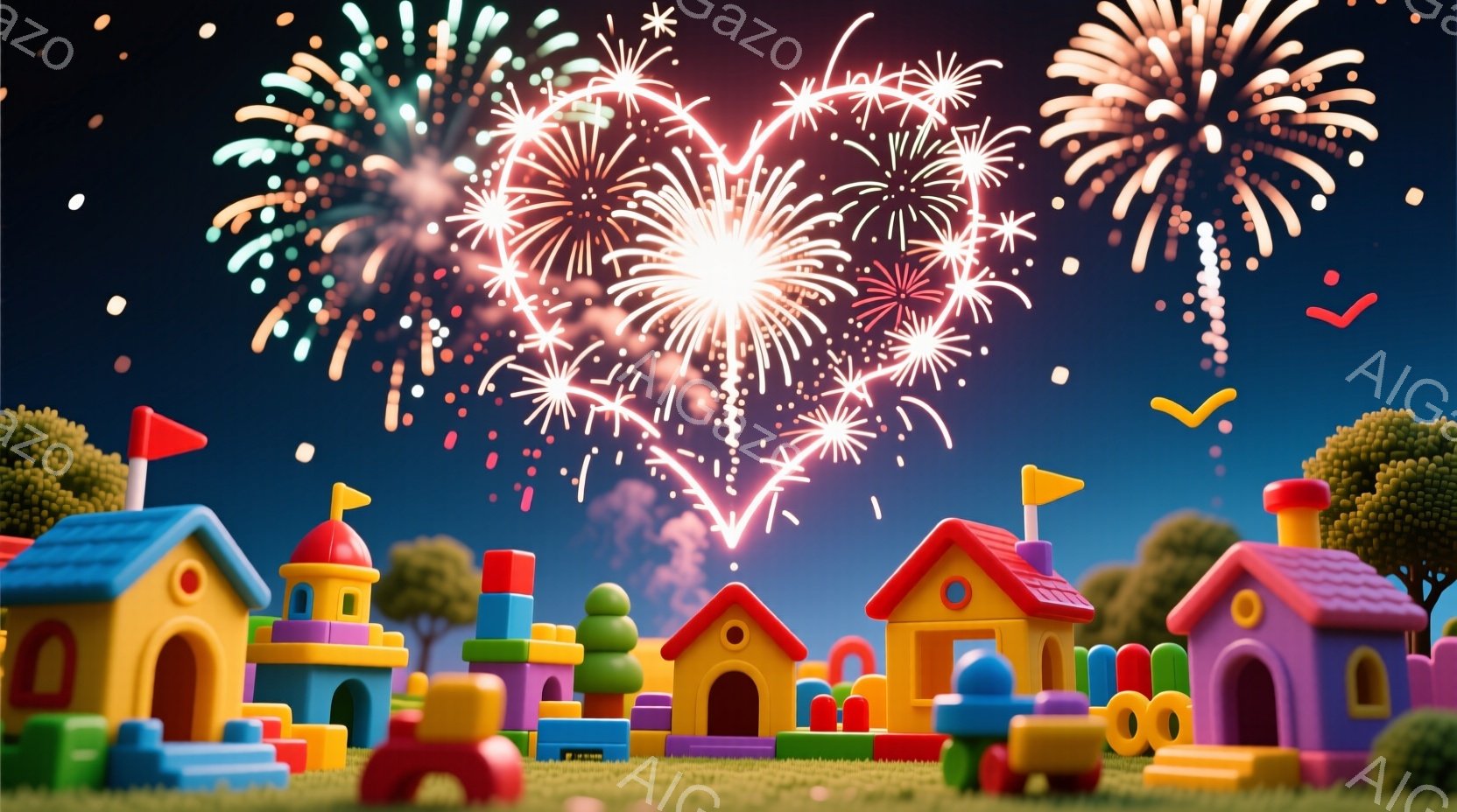 カラフルな積み木で作られた家々が緑の芝生の上に並び、背景には夜空に打ち上げられた花火が輝いている。花火はハートの形を作り、温かく、夢のような雰囲気を醸し出している。空には二羽の鳥が飛んでおり、全体的に - AI生成フリー素材