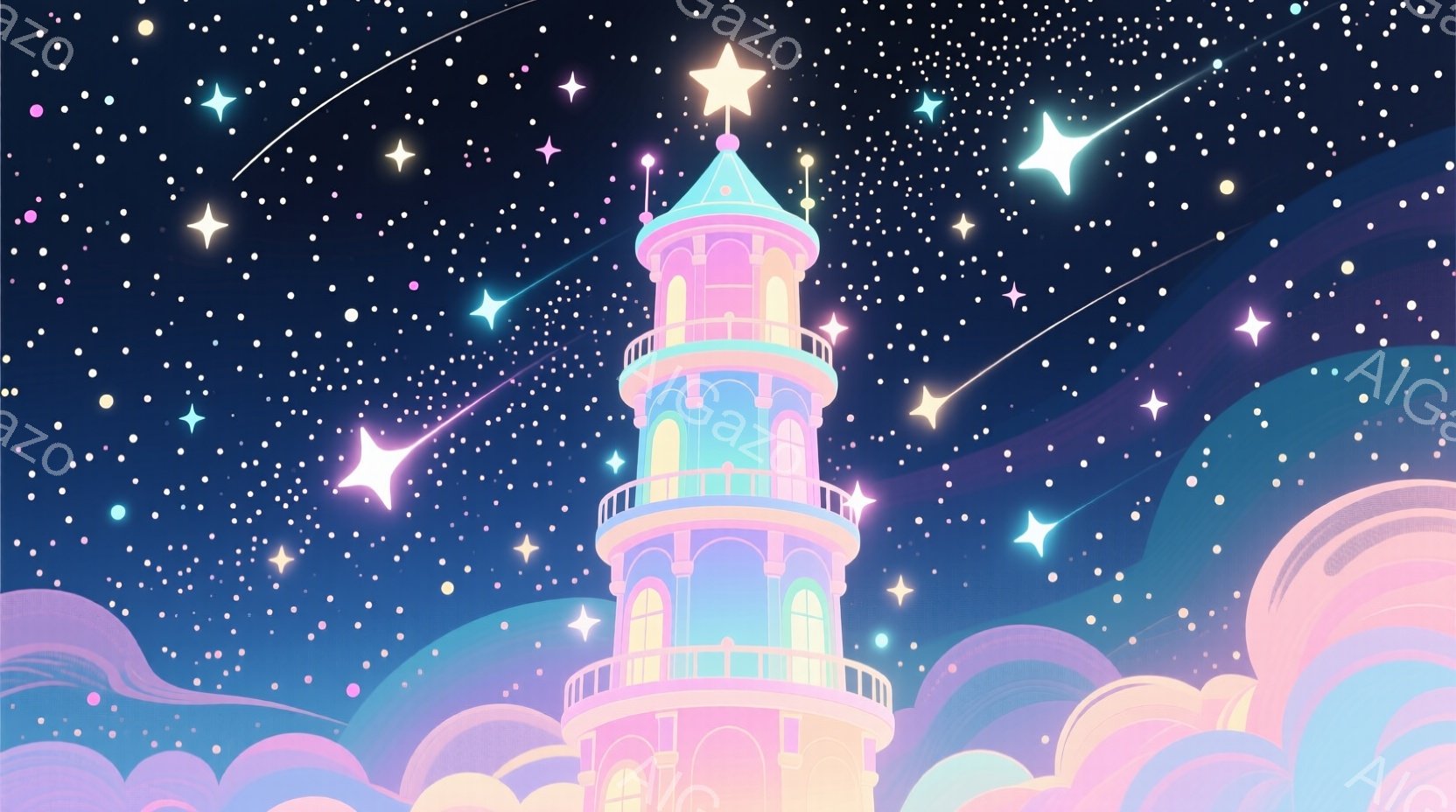 淡いピンクと紫色の塔が雲の上にそびえ立ち、星が散りばめられた夜空を背景に幻想的な雰囲気を醸し出しています。塔はいくつかの階層で構成され、それぞれがアーチ型の窓で飾られ、頂上には星形の装飾が輝いています - AI生成フリー素材