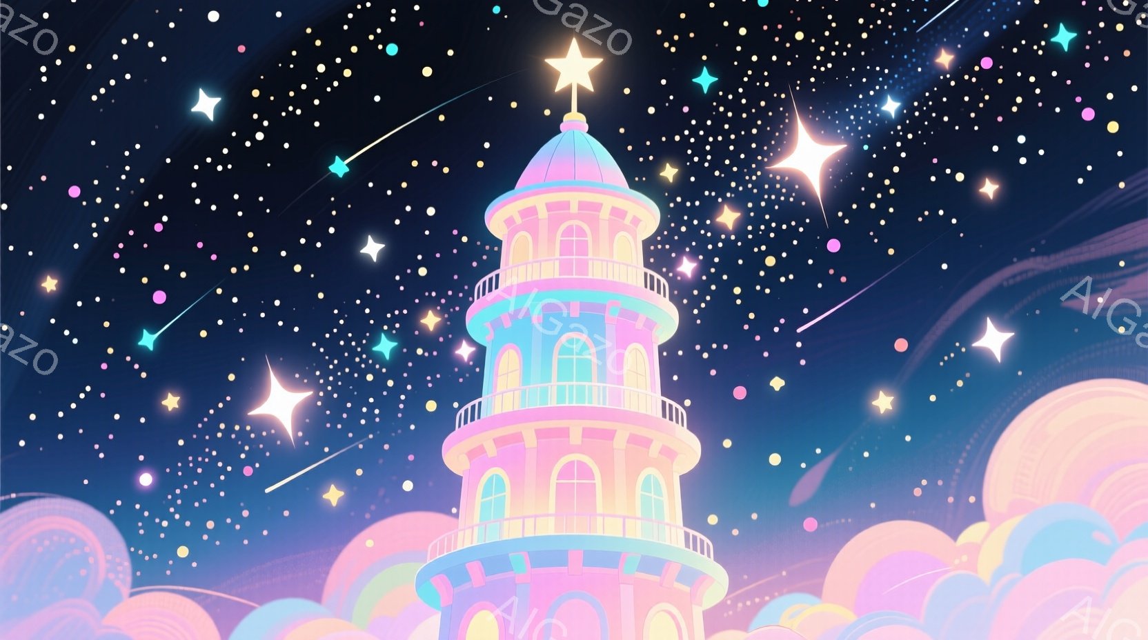 幻想的なタワーが雲海の上にそびえ立ち、夜空には無数の星が輝いています。タワーはパステルカラーで彩られ、アーチ型の窓が連なる優雅な姿は、まるで夢の中の城のようです。全体的に、柔らかく光り輝く雰囲気で、希 - AI生成フリー素材