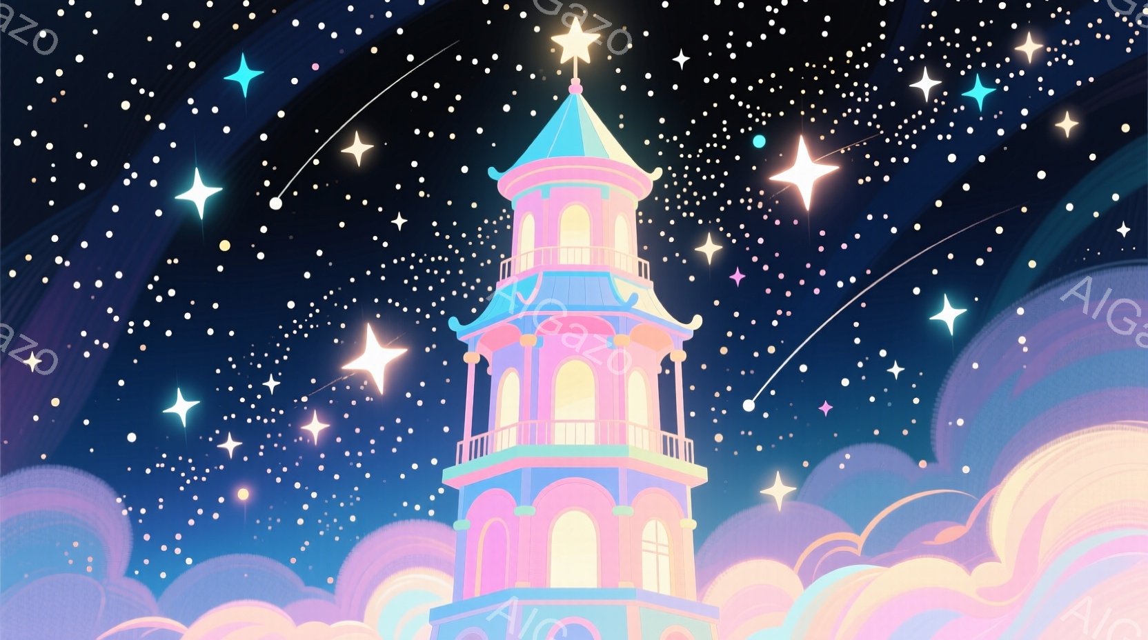 幻想的な夜空を背景に、淡いピンクと水色の塔が雲の上に浮かんでいる。塔はアーチ型の窓や装飾的なバルコニーを持ち、全体的に優雅で夢のような印象を与える。夜空には星や流れ星が輝き、穏やかで神秘的な雰囲気を醸 - AI生成フリー素材