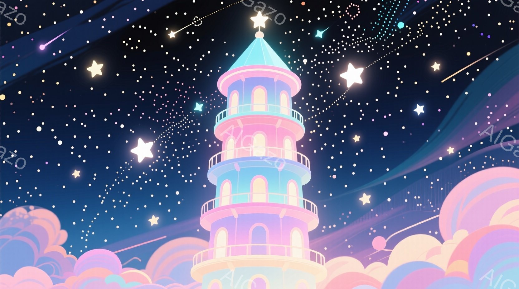 夜空を背景に、淡いピンクと水色を基調とした塔が雲の上に浮かんでいる。塔はアーチ型の窓が連なり、各階は繊細な装飾が施され、ファンタジー世界を思わせる美しいシルエットを描いている。星や流れ星が夜空を彩り、夢幻的でロマンチックな雰囲気を醸し出している。