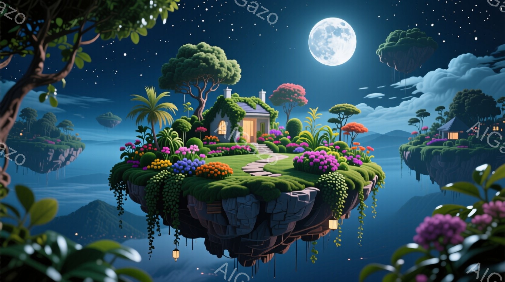 浮遊する島々が夜空に浮かび、その上に緑豊かな植物と小さな家々が点在している。満月が明るく輝き、下には濃い青色の雲海が広がり、幻想的な雰囲気を醸し出している。鮮やかな花々が咲き乱れ、島々は温かい光で照ら - AI生成フリー素材