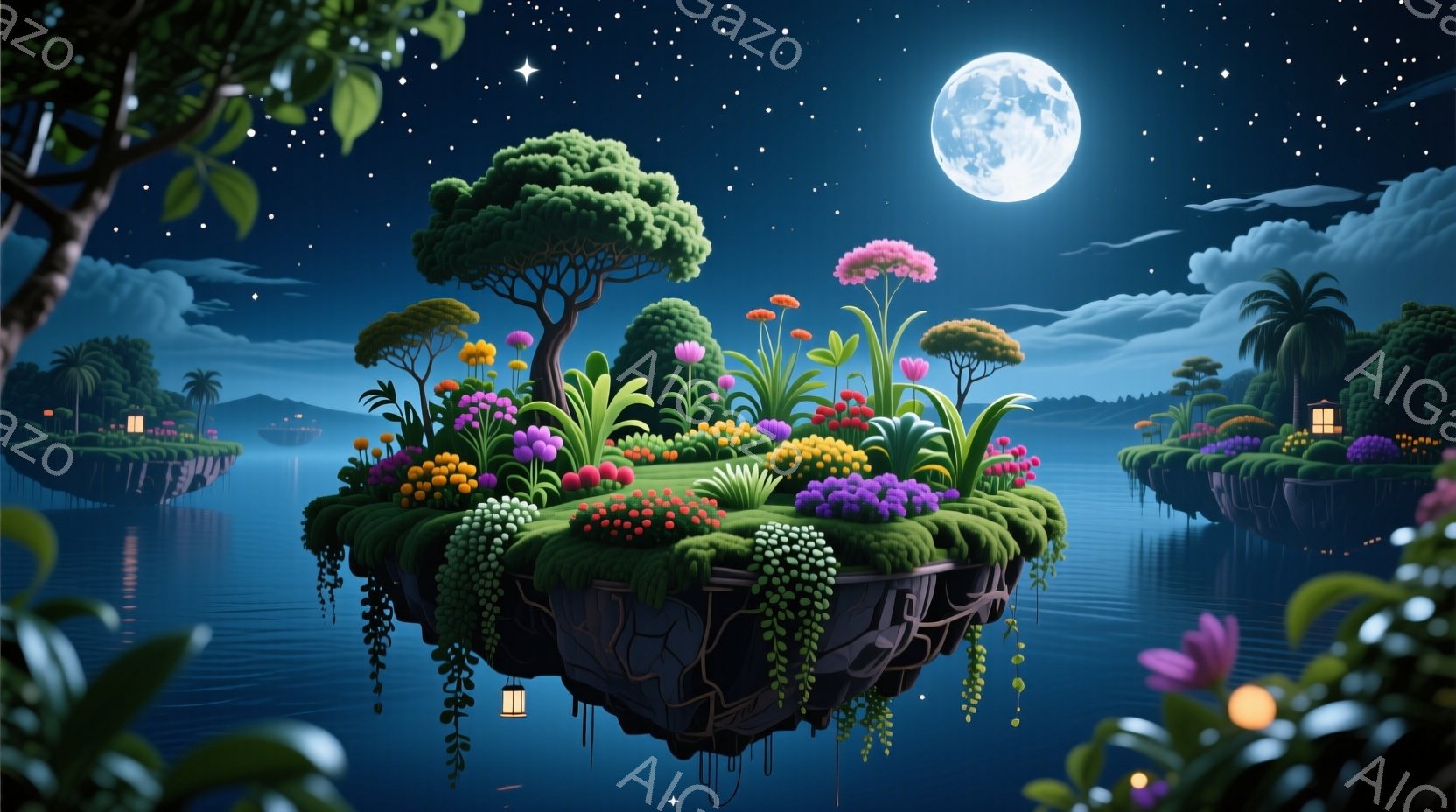 浮かんだ島々が夜の海に浮かび、鮮やかな花々や緑で覆われている。満月が夜空を照らし、水面に反射して幻想的な光景を作り出している。静かで平和な雰囲気で、どこか夢の中にいるような感覚を覚える。 - AI生成フリー素材