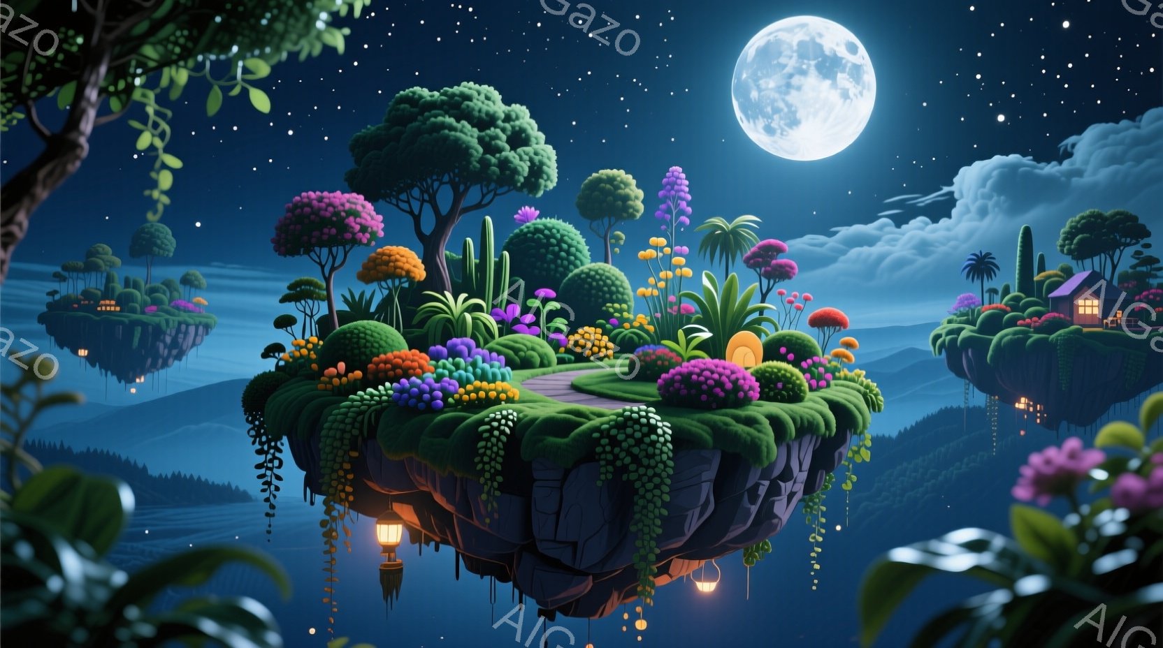 浮遊する島々が夜空に浮かび、鮮やかな花々や木々が生い茂っている。背景には霞んだ山々が広がり、月明かりと星空が幻想的な雰囲気を醸し出している。島々には小さな灯りが灯り、その光が神秘的な空間を照らしている - AI生成フリー素材