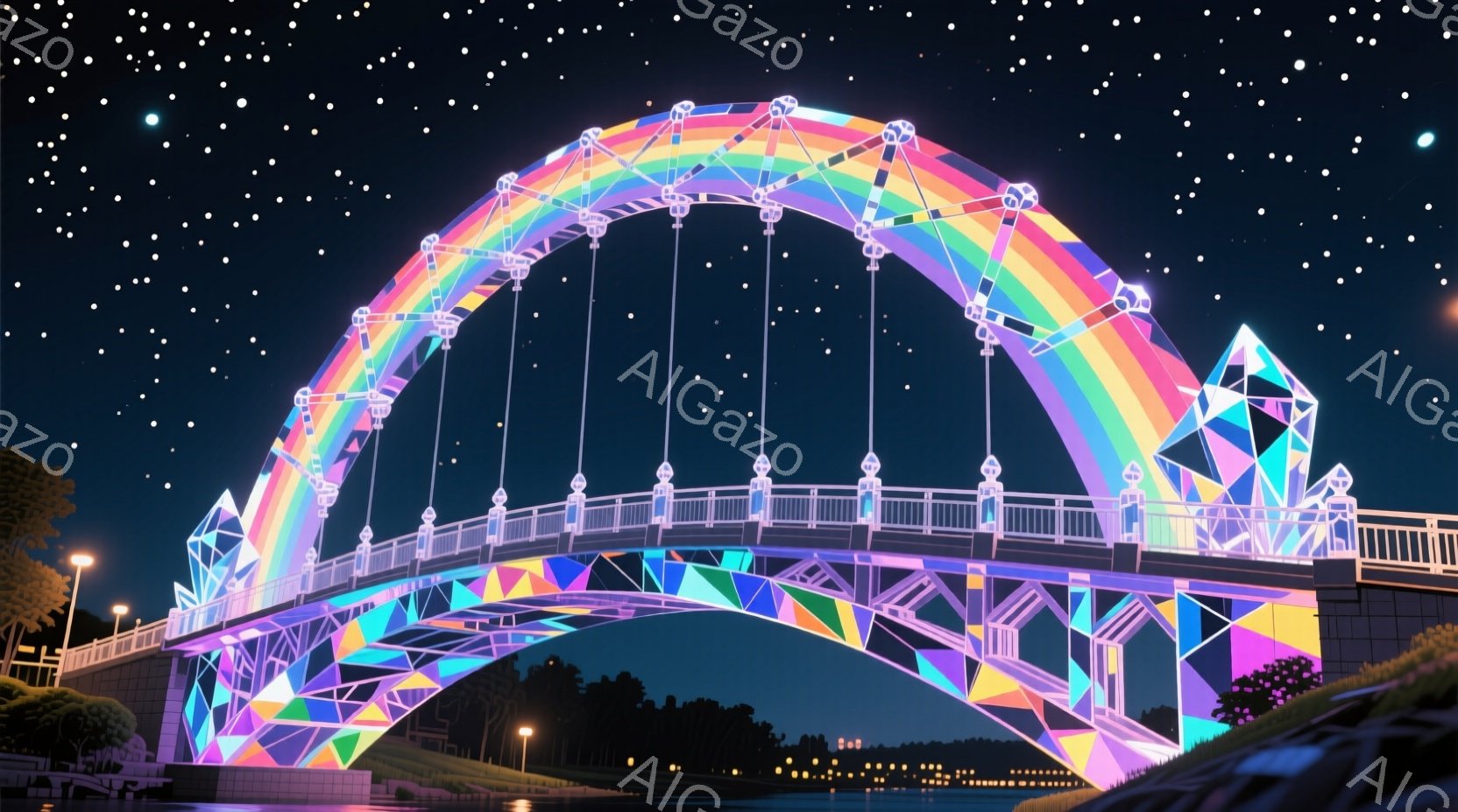 夜空を背景に、虹色に輝く橋が印象的な風景です。橋は幾何学的な三角形で構成されており、ライトアップによって鮮やかな色彩が強調されています。遠景には街の明かりが点在し、静かで幻想的な雰囲気を醸し出していま - AI生成フリー素材