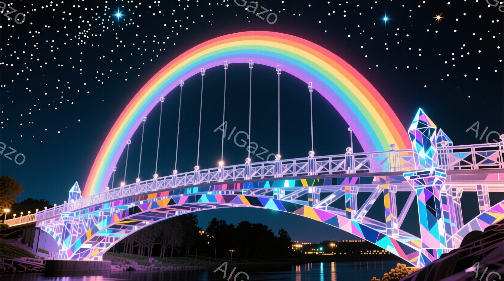 夜空を背景に、虹色に輝く橋が印象的な画像です。橋は幾何学的な模様で装飾され、まるで宝石のように光を反射しています。背景には暗い木々や水面が見え、静かで幻想的な雰囲気を醸し出しています。 - AI生成フリー素材