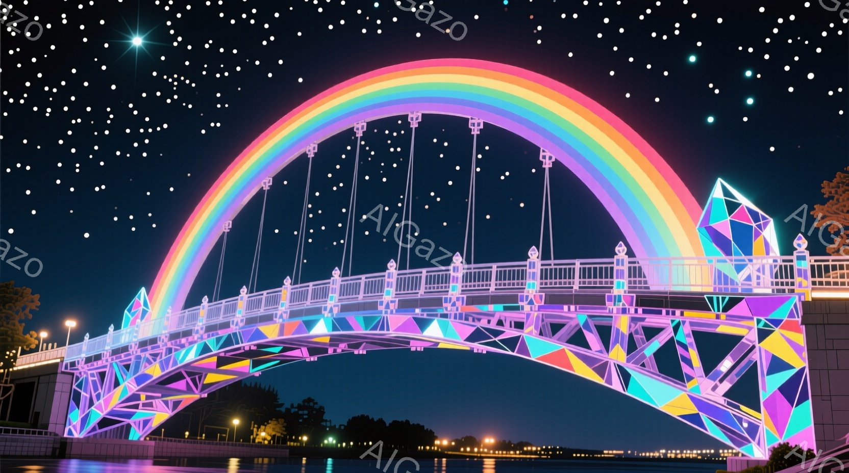 夜空を背景に、虹色に輝く橋が印象的な写真です。橋は幾何学的なパネルで構成されており、まるで宝石のように光を反射しています。水面に映る光と星空が、幻想的な雰囲気を醸し出しています。 - AI生成フリー素材