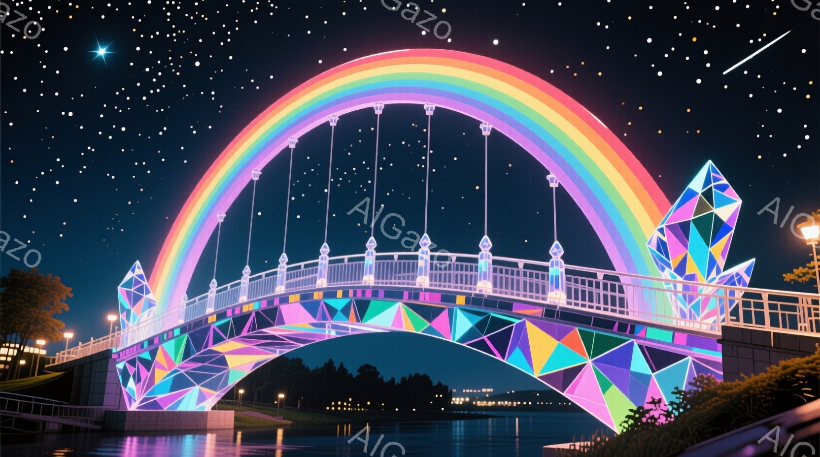 夜空の下、虹色の光を放つ橋が印象的な画像です。橋は幾何学的な模様で装飾され、まるで宝石のように輝いています。背景には暗い水面と遠くの街明かり、そして星空が広がり、幻想的な雰囲気を醸し出しています。 - AI生成フリー素材