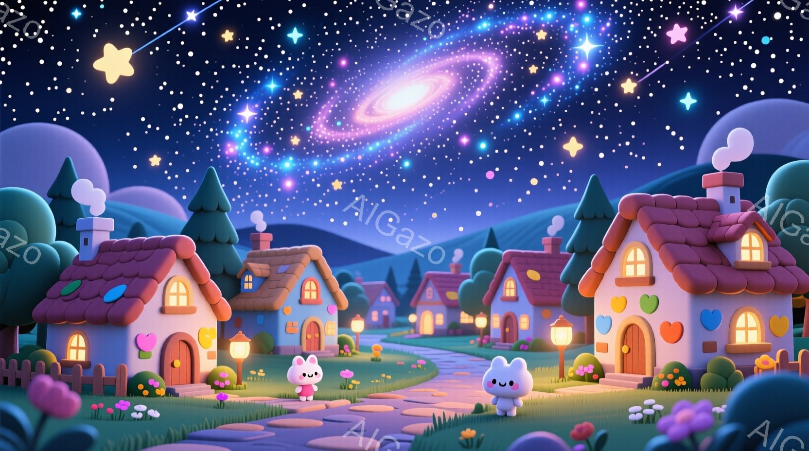 カラフルで可愛らしい家々が並ぶ村の風景です。二匹の白いウサギが、緑の草むらの中をのんびりと歩いています。夜空には星や銀河が輝き、幻想的で温かい雰囲気を醸し出しています。 - AI生成フリー素材