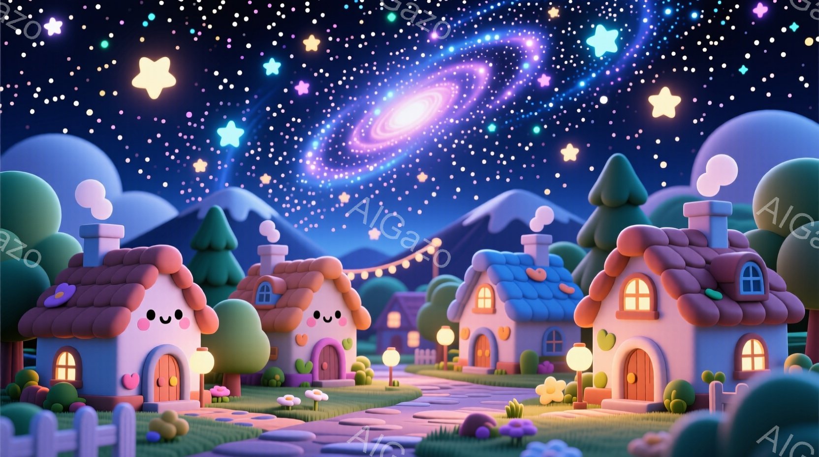 丸みを帯びた可愛らしい家々が並ぶ幻想的な村の風景を描いています。背景には紫色と青色の山々がそびえ、星空と銀河が輝き、全体的に温かく、夢のような雰囲気が漂っています。家々は笑顔のような表情を持っており、 - AI生成フリー素材