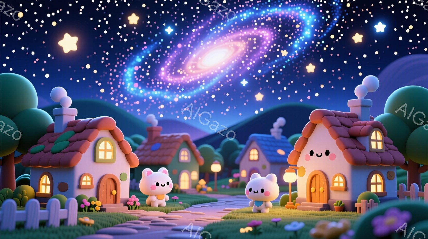 可愛らしい家々が並ぶ村の風景で、夜空には渦巻く銀河が広がっています。白いウサギのキャラクターが二人、道に立っており、少し照れくさそうな表情をしています。背景には緑の丘と、星が輝く幻想的な夜空が広がって - AI生成フリー素材