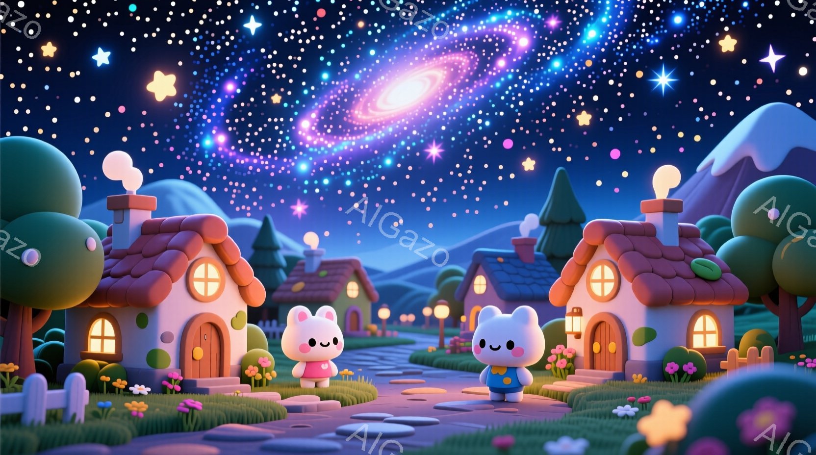 可愛らしいクマのキャラクターが二人、カラフルな家が並ぶ道に立っています。ピンク色のクマはフリル付きのスカートと赤いリボンをつけており、青いクマはオーバーオールを着ています。背景には丸みを帯びた山々と、 - AI生成フリー素材