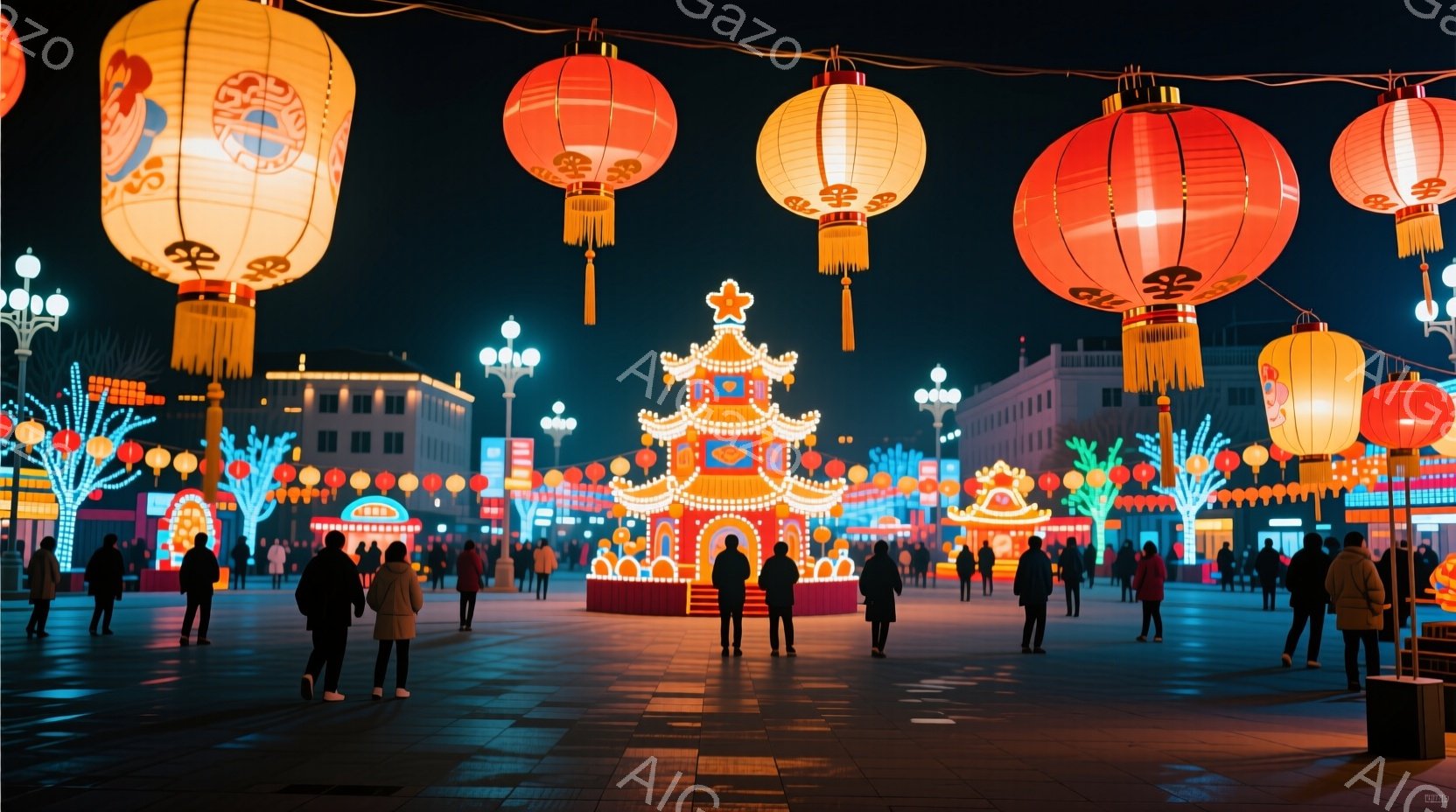 夜の広場には、多くの人々がカラフルな提灯とネオンに照らされた美しい背景の中で散策しています。人々は概ね黒いアウターを着ており、表情ははっきりとは見えませんが、リラックスした様子で歩いています。背景には、伝統的な中国風の塔のような建物や現代的な建物が立ち並び、活気あふれるお祭りのような雰囲気が漂っています。
