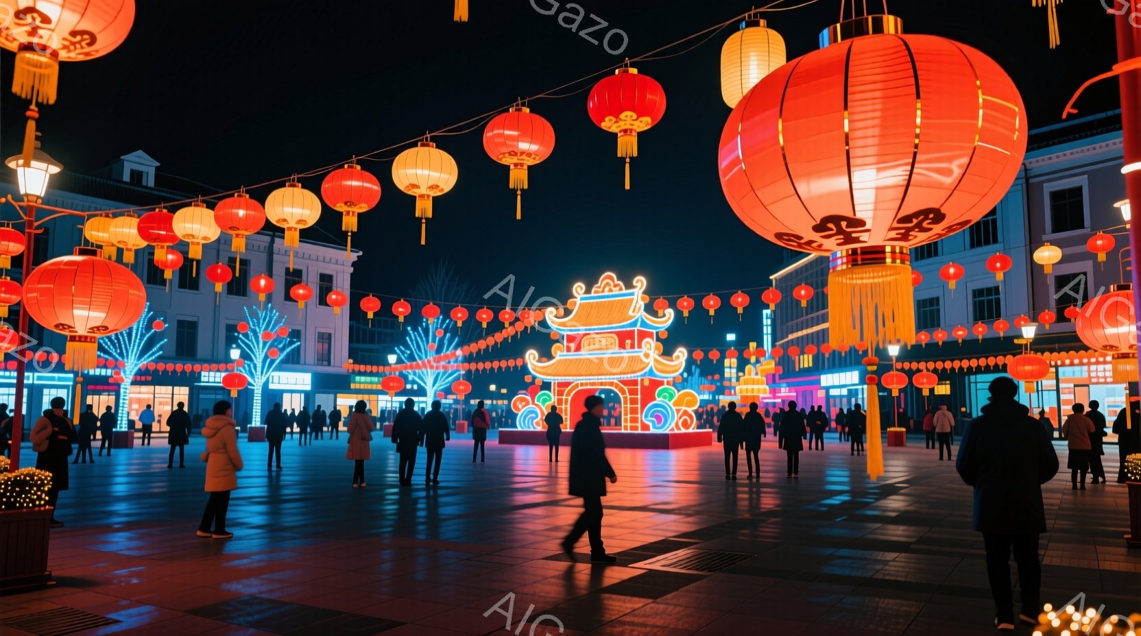 夜の広場には、赤く光る提灯が吊るされ、華やかな雰囲気を醸し出しています。人々はコートやジャケットを着ており、一部は傘を持っていますが、表情ははっきりとは見えません。背景には、ライトアップされた建物が並 - AI生成フリー素材
