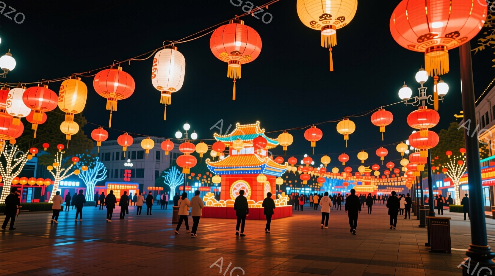 夜の街並みが、赤く光る提灯で華やかに彩られている。人々は概ね黒いアウターを着ており、後ろ姿からは表情は読み取れないが、歩く姿から穏やかな雰囲気が感じられる。背景には中国風の建物が見え、街路樹の明かりも加わり、お祭りや祝祭を思わせる賑やかな空間が広がっている。